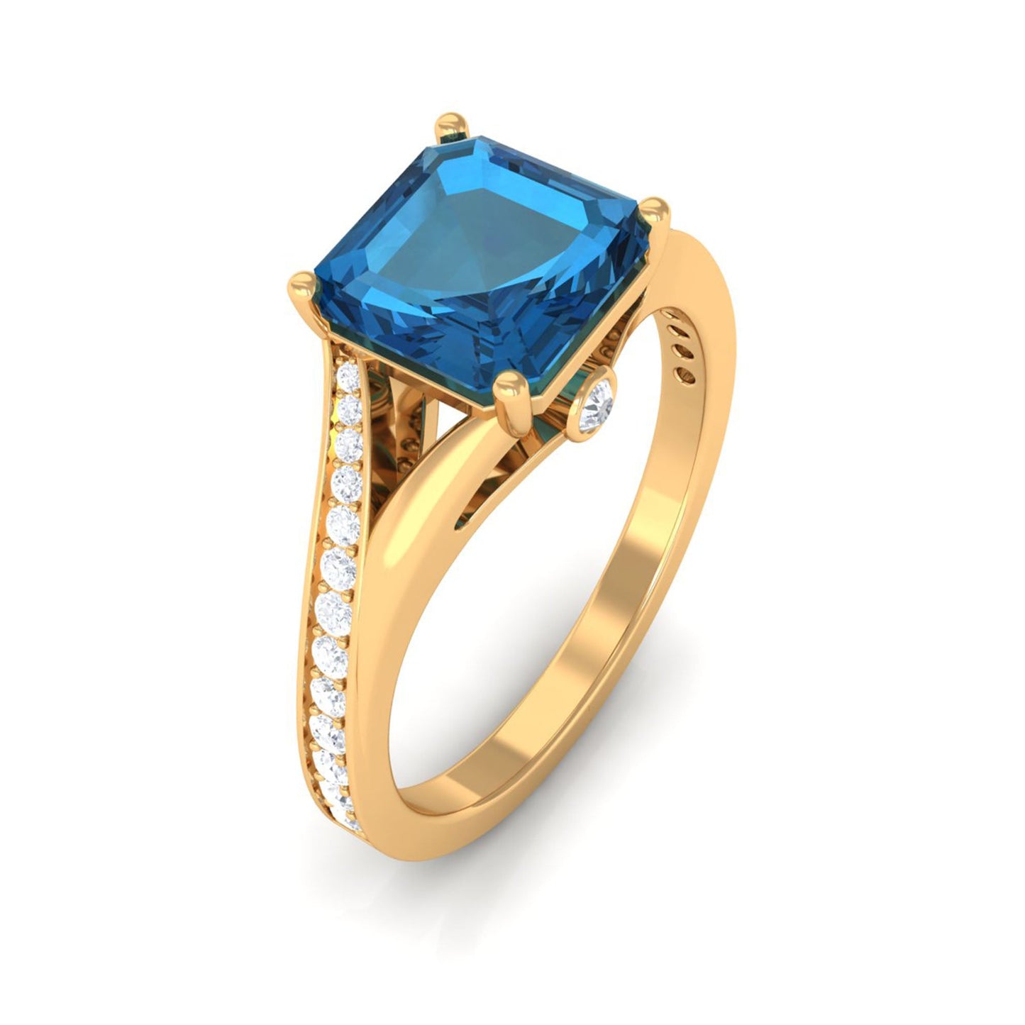 3 Carat Asscher Cut London Blue Topaz Split Shank Engagement Ring with Diamond