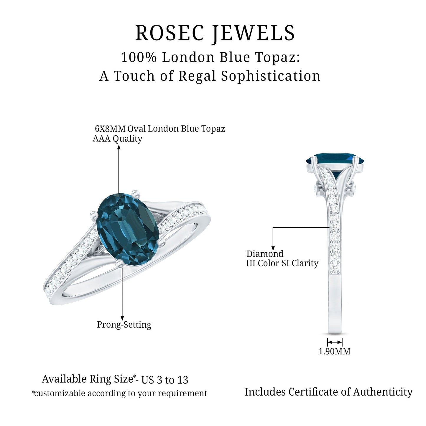 1 Carat Oval Cut London Blue Topaz Engagement Ring with Diamond Split Shank