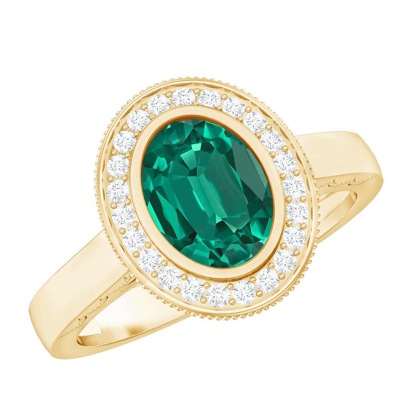 1.2 Carat Oval Lab Grown Emerald Bezel Set Engagement Ring With Diamond Halo