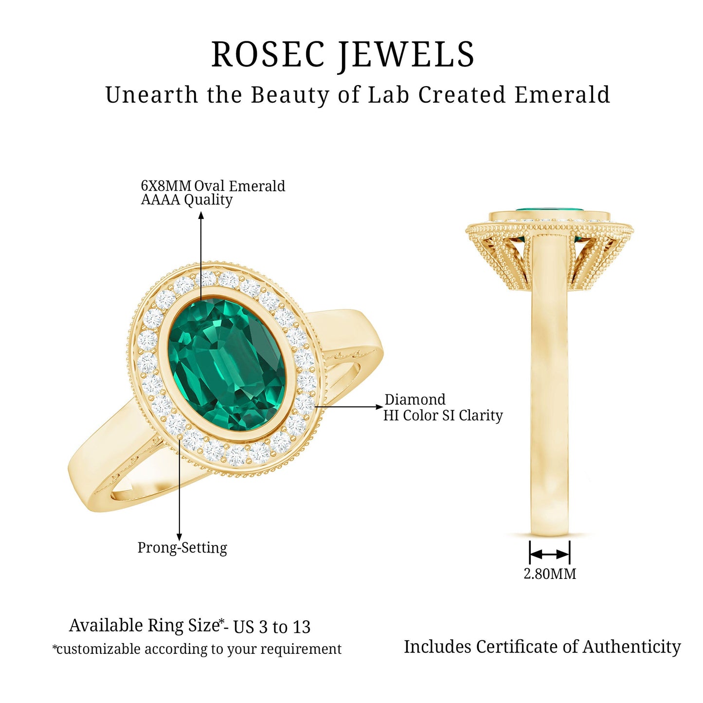 1.2 Carat Oval Lab Grown Emerald Bezel Set Engagement Ring With Diamond Halo