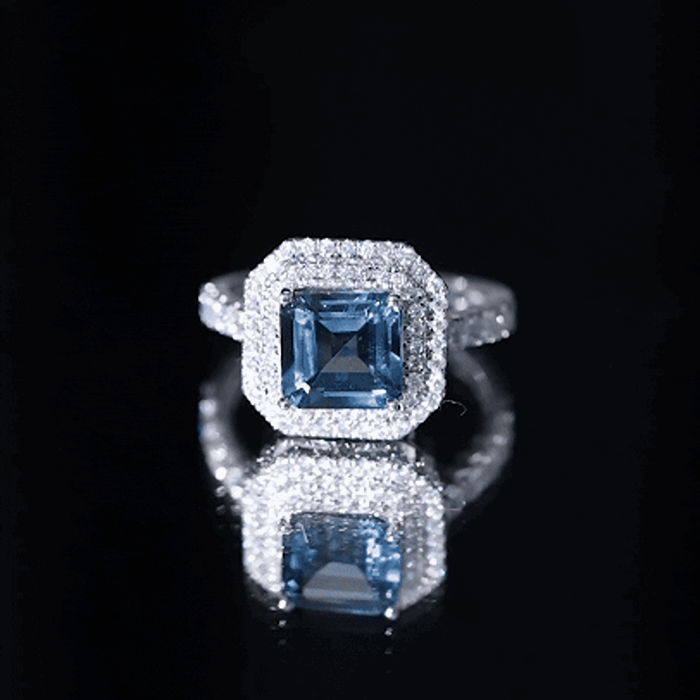 3 Carat Asscher Cut London Blue Topaz Engagement Ring with Double Halo