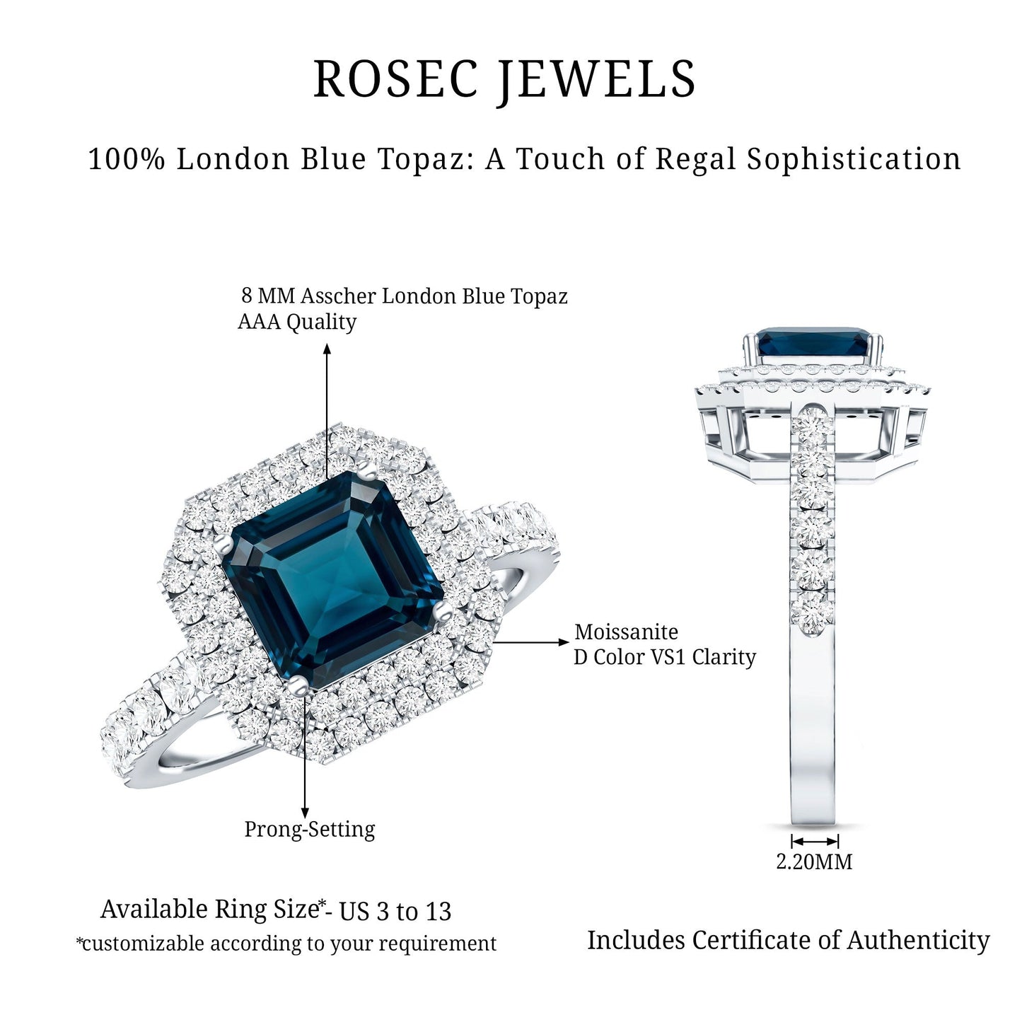 3 Carat Asscher Cut London Blue Topaz Engagement Ring with Double Halo