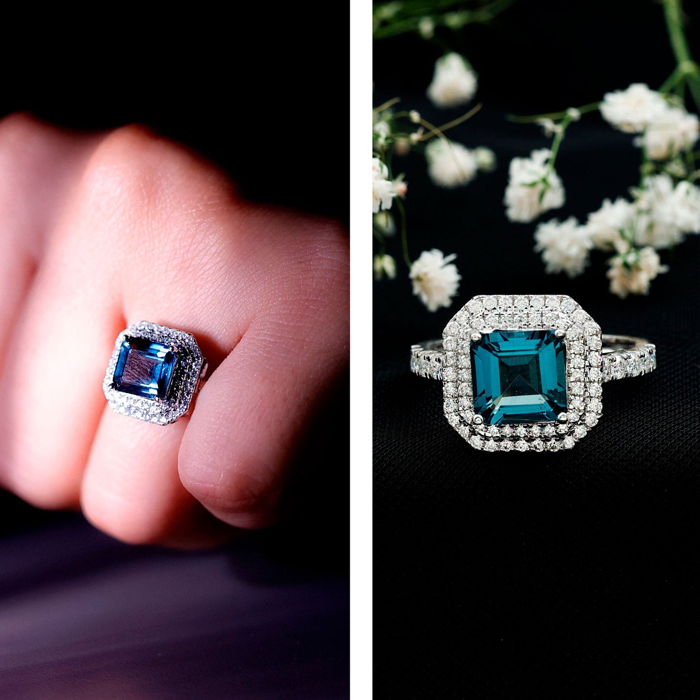 3 Carat Asscher Cut London Blue Topaz Engagement Ring with Double Halo