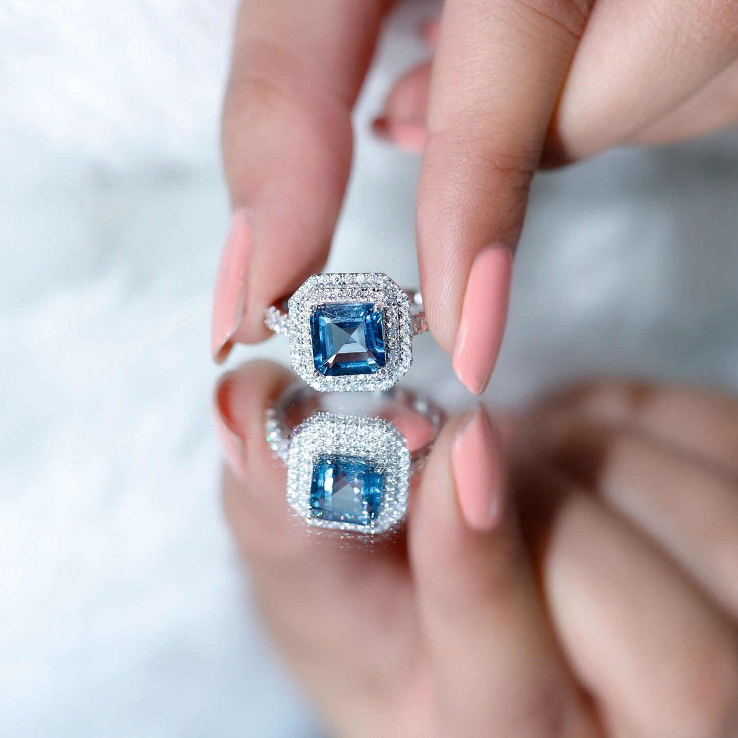 3 Carat Asscher Cut London Blue Topaz Engagement Ring with Double Halo