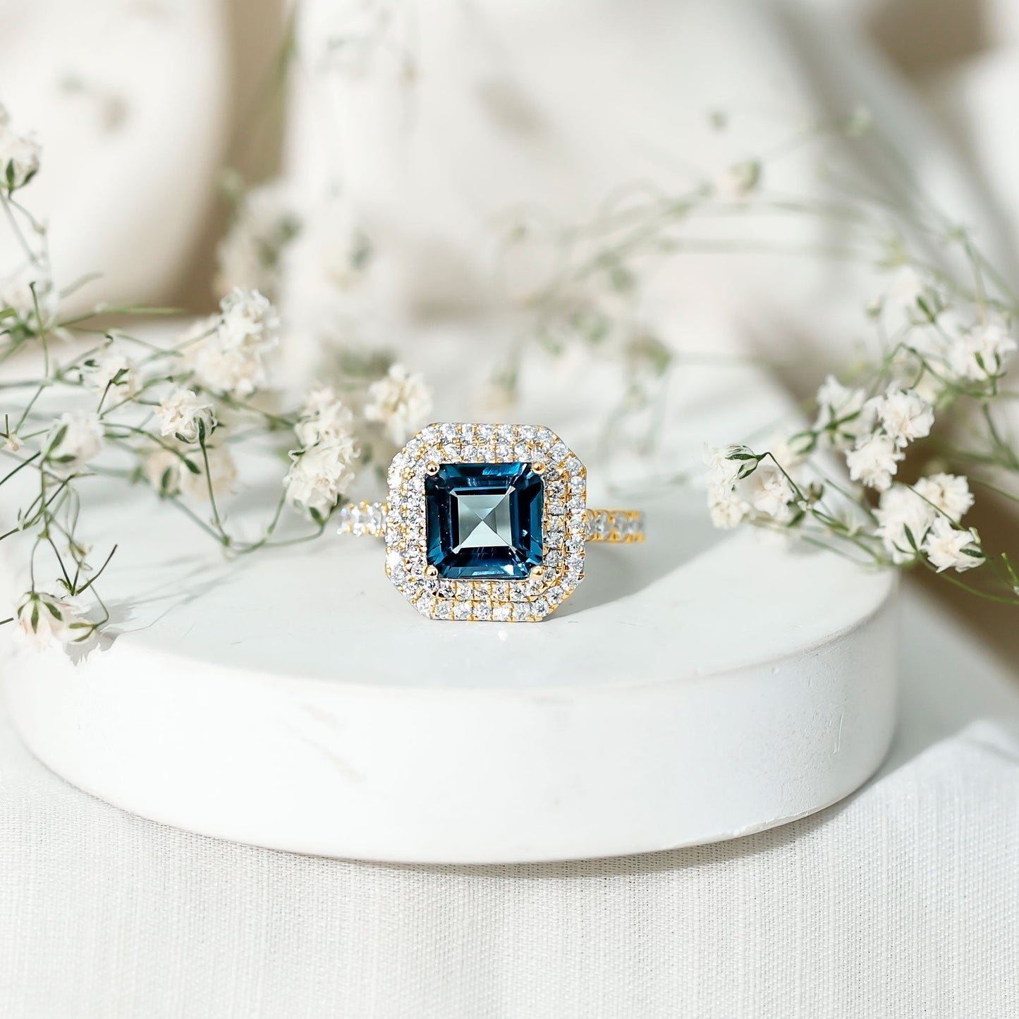 3 Carat Asscher Cut London Blue Topaz Engagement Ring with Double Halo