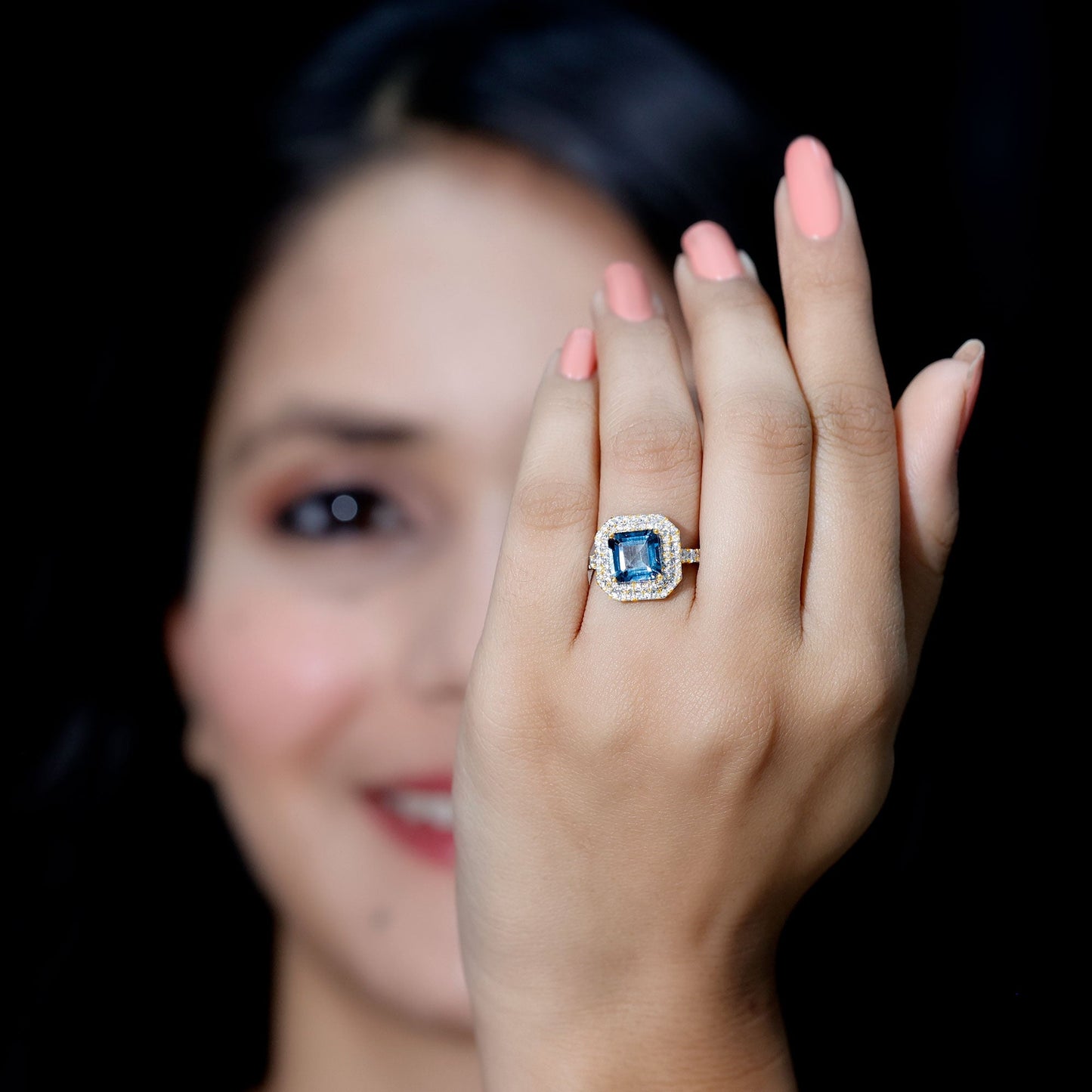 3 Carat Asscher Cut London Blue Topaz Engagement Ring with Double Halo