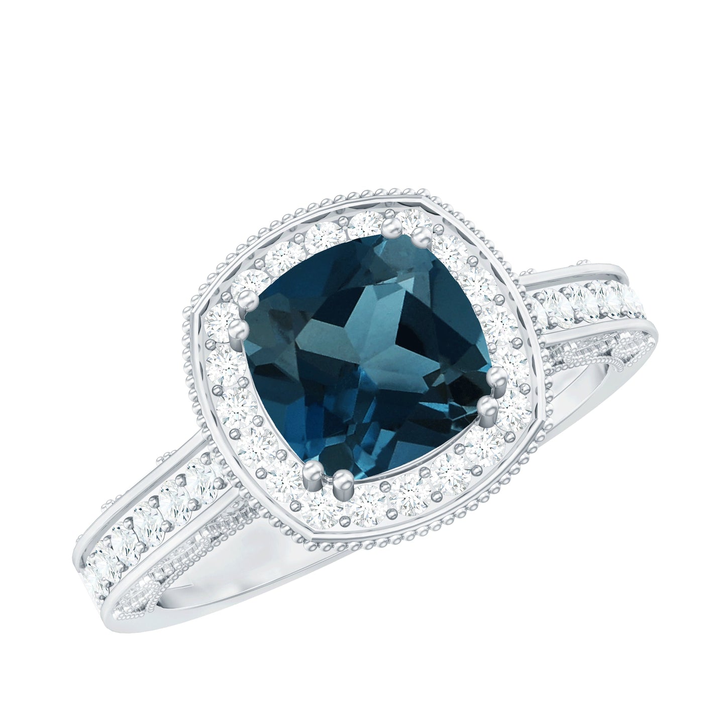 2.8 Carat Cushion Cut London Blue Topaz Vintage Inspired Ring with Diamond Halo