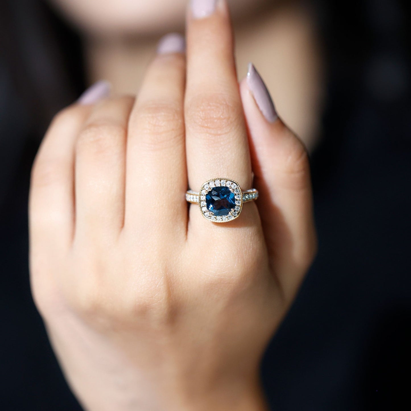 2.8 Carat Cushion Cut London Blue Topaz Vintage Inspired Ring with Diamond Halo