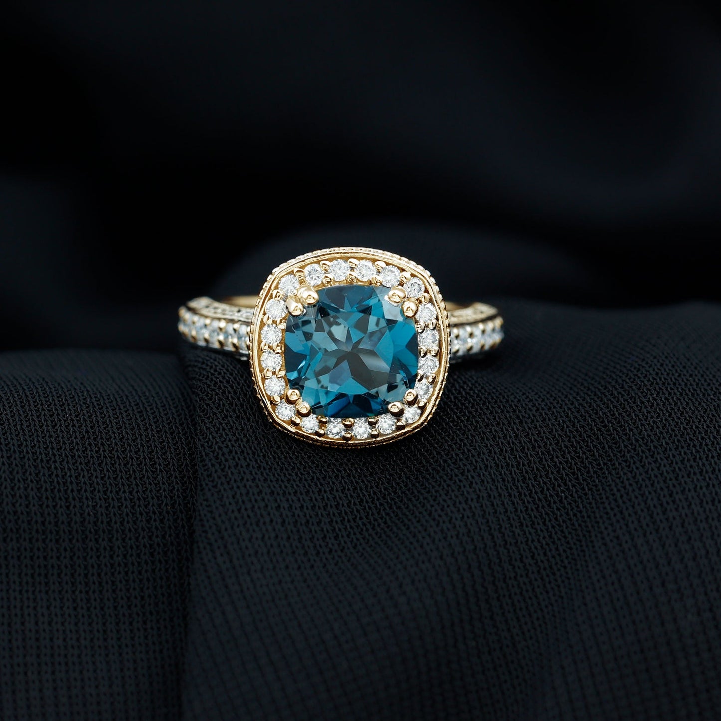 2.8 Carat Cushion Cut London Blue Topaz Vintage Inspired Ring with Diamond Halo