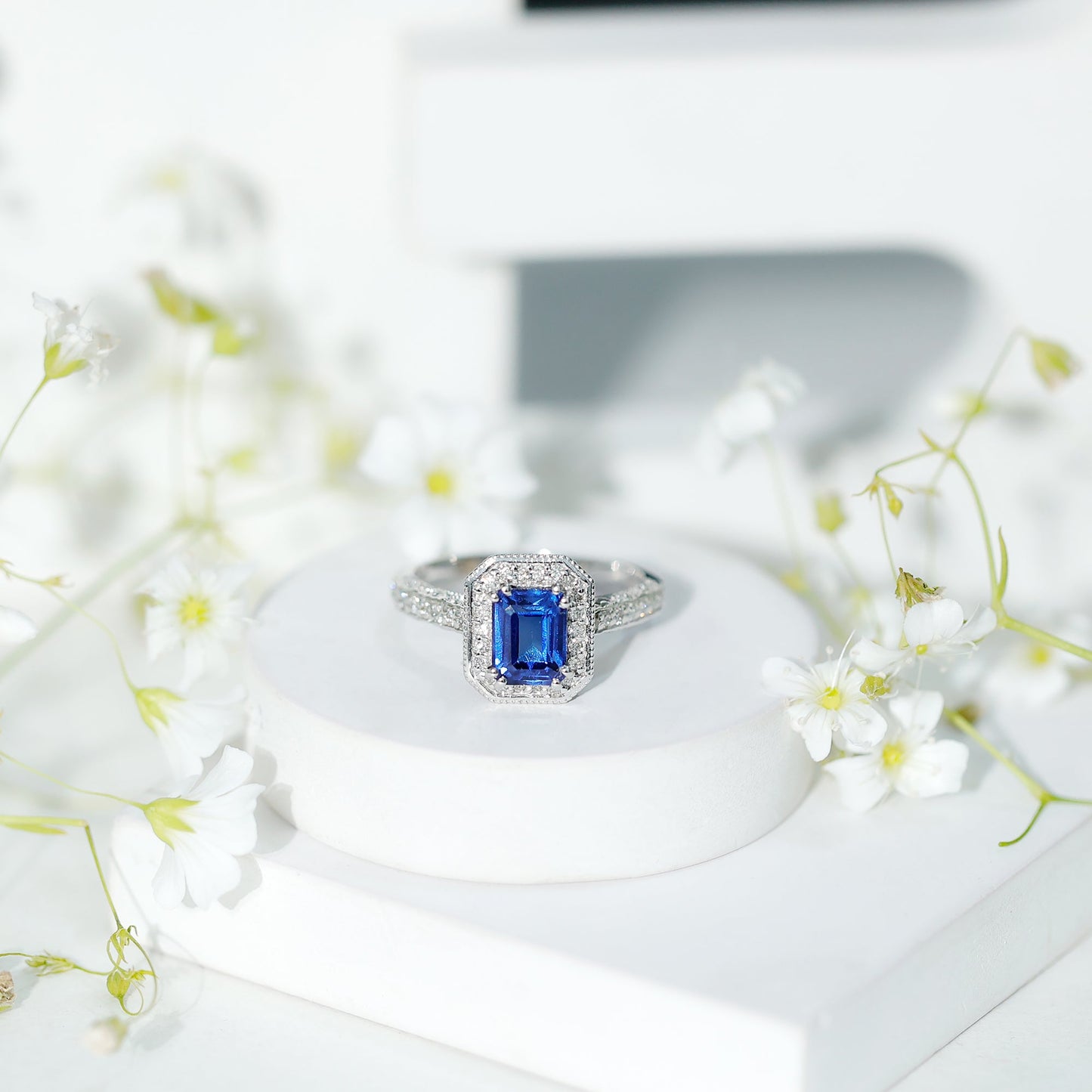 Certified 1.7 Carat Lab Grown Blue Sapphire Emerald Cut Engagement Ring with Diamond Halo