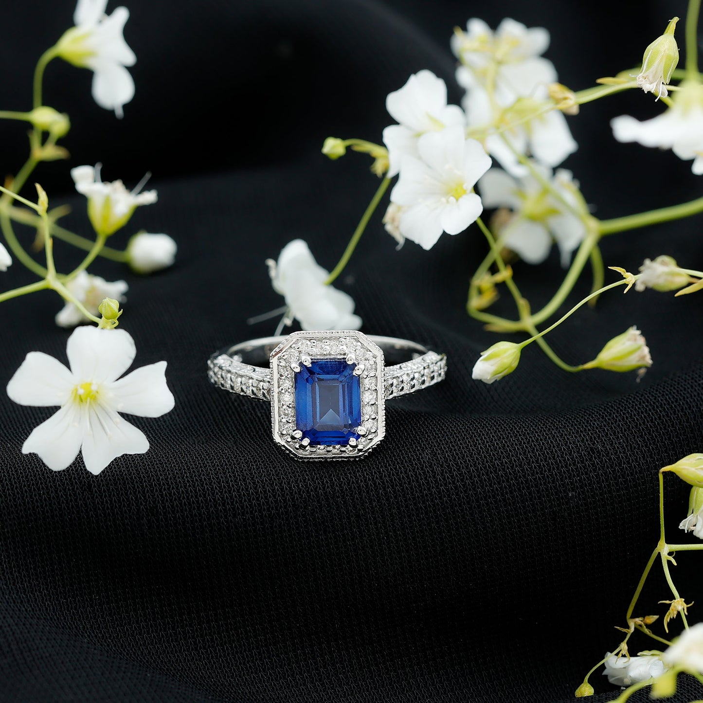 Certified 1.7 Carat Lab Grown Blue Sapphire Emerald Cut Engagement Ring with Diamond Halo