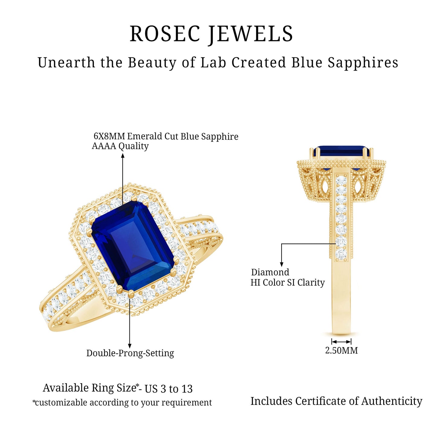 Certified 1.7 Carat Lab Grown Blue Sapphire Emerald Cut Engagement Ring with Diamond Halo
