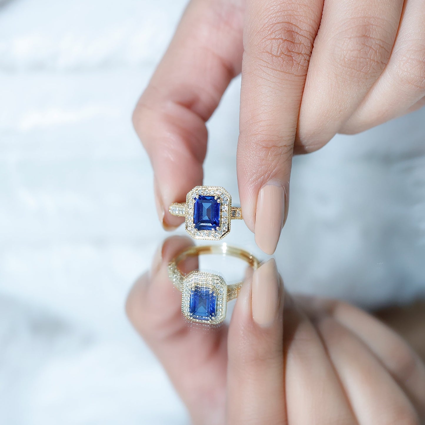 Certified 1.7 Carat Lab Grown Blue Sapphire Emerald Cut Engagement Ring with Diamond Halo