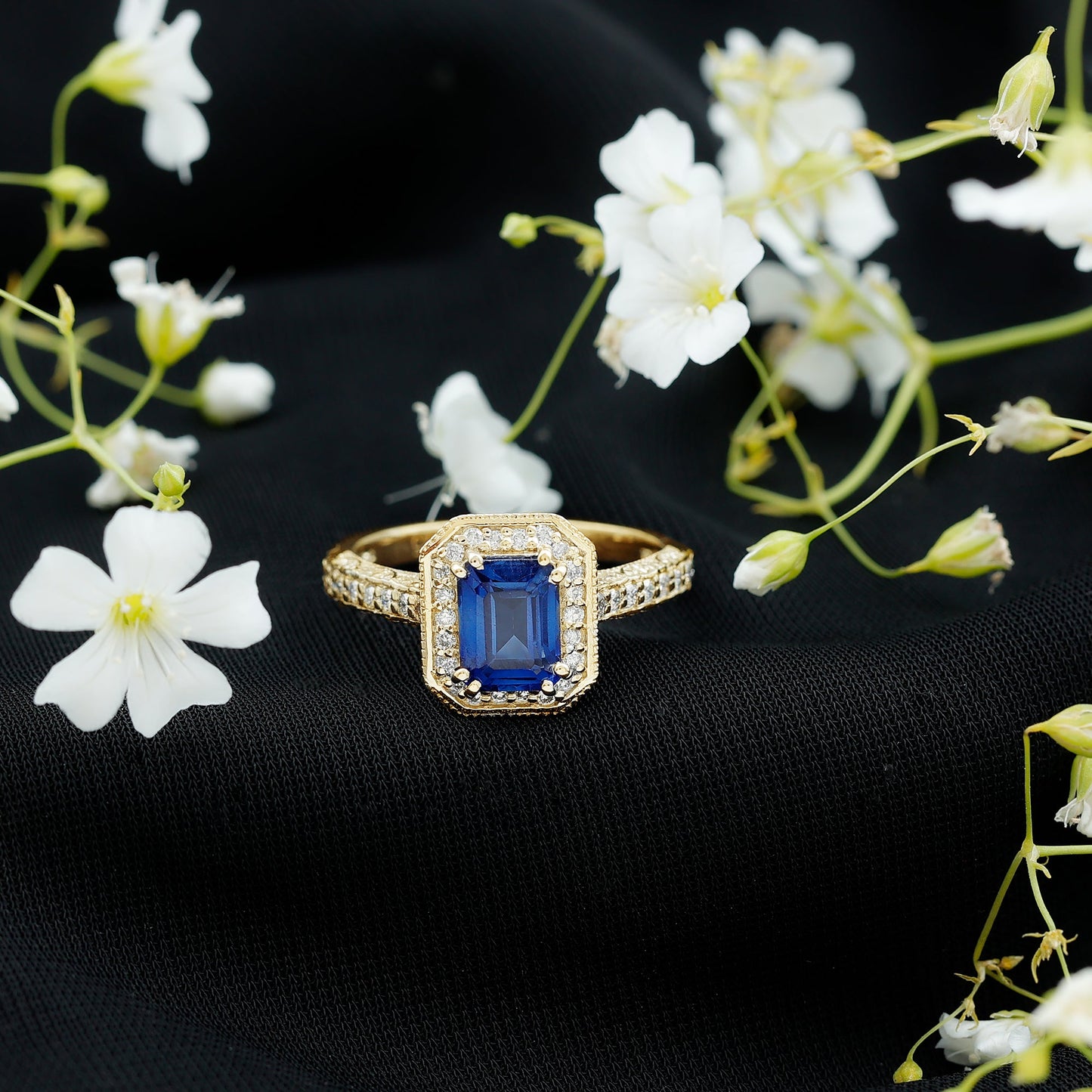 Certified 1.7 Carat Lab Grown Blue Sapphire Emerald Cut Engagement Ring with Diamond Halo