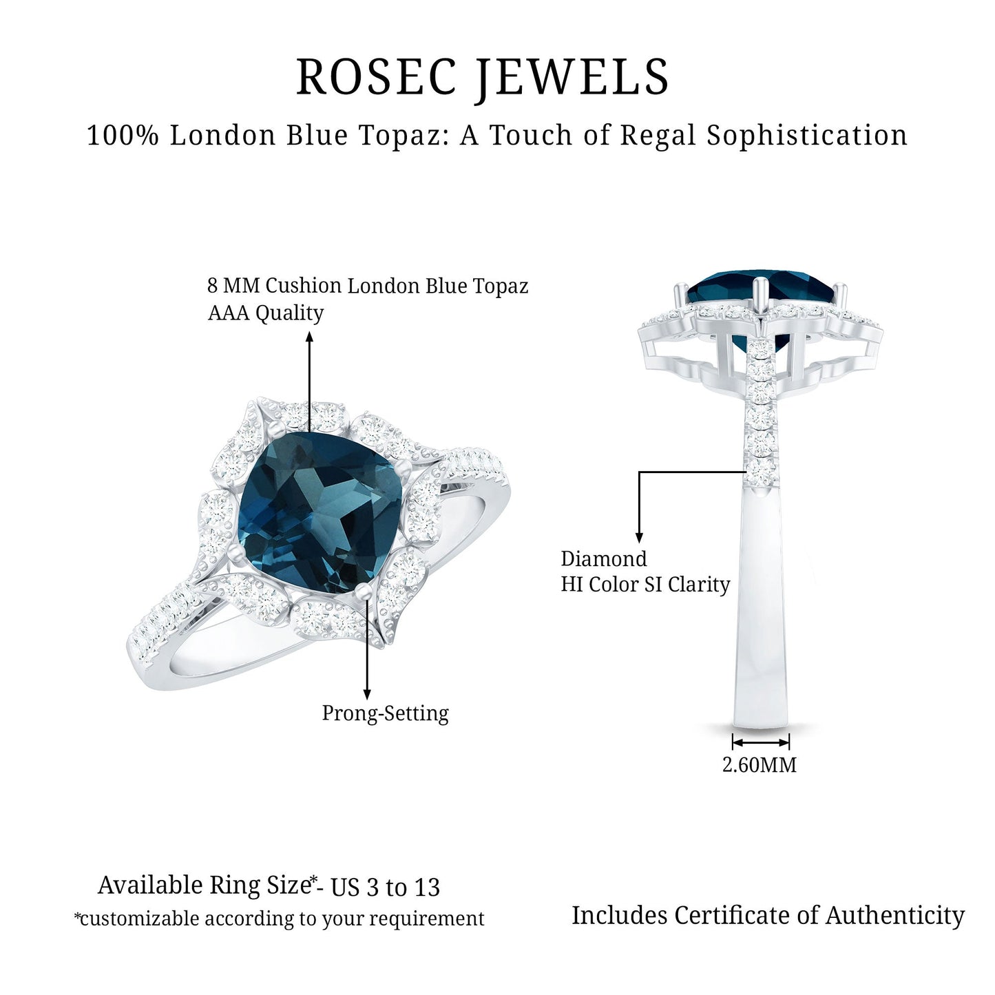 2.8 Carat Cushion Cut London Blue Topaz Nature Engagement Ring with Diamond Halo