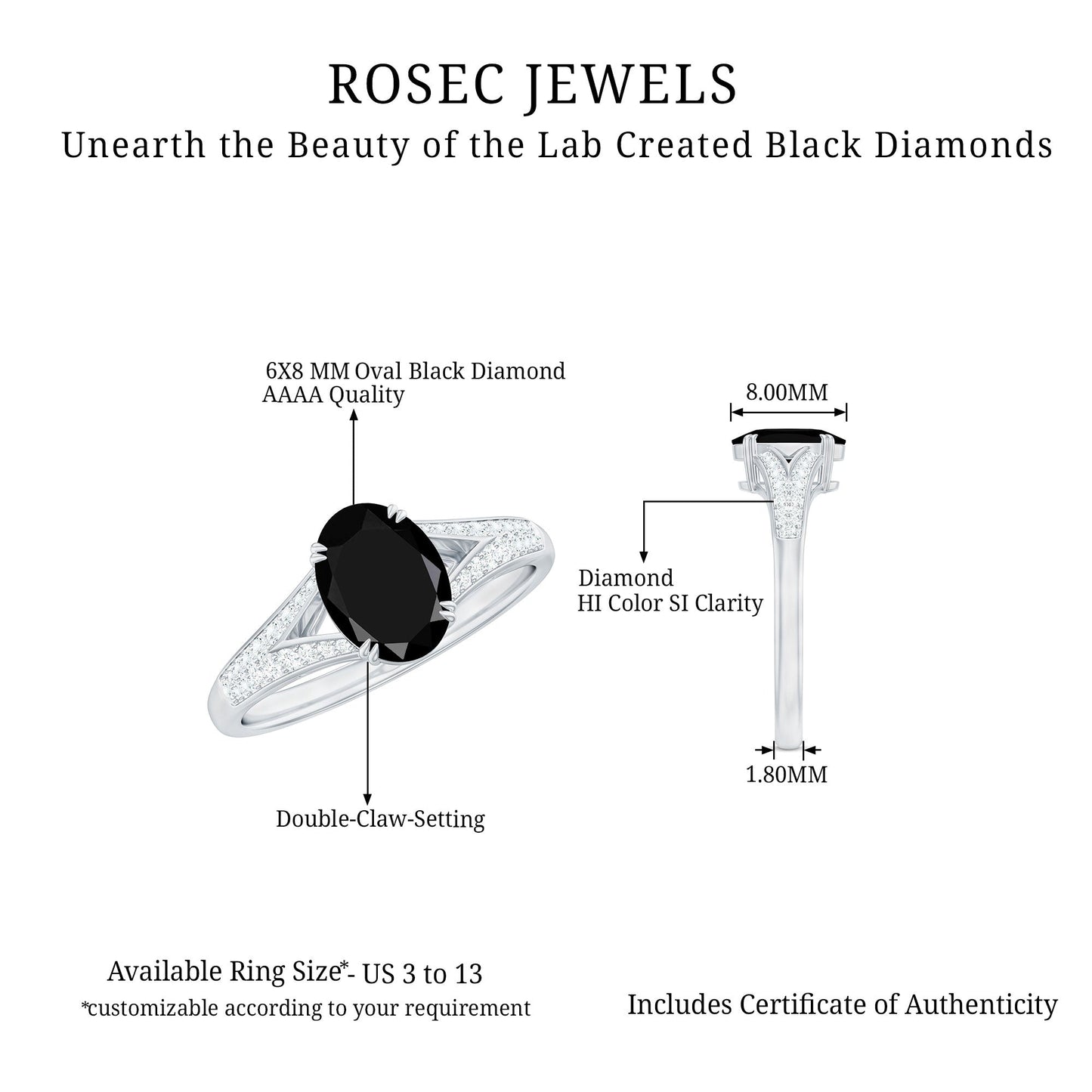 1.9 Carat Oval Lab Grown Black and White Diamond Engagement Ring with Split Shank