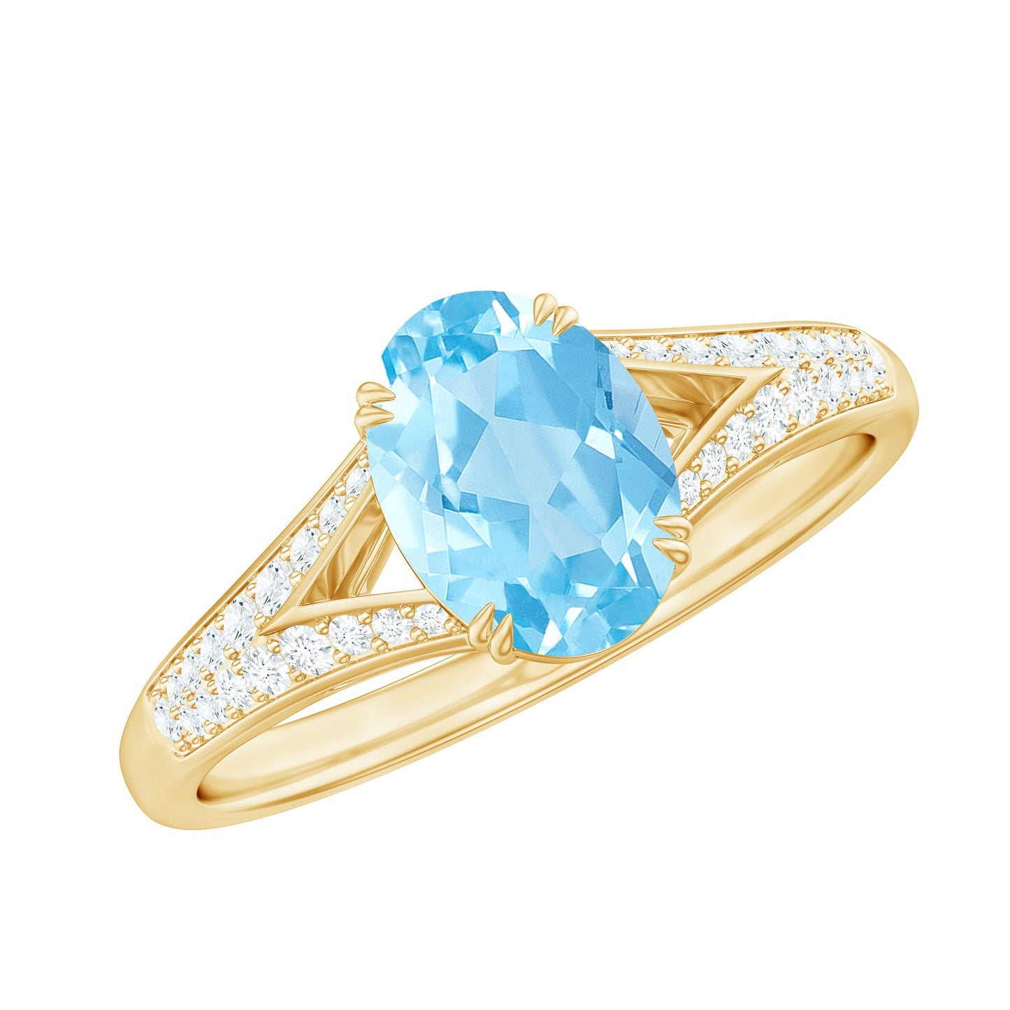 Genuine 1 Carat Oval Aquamarine Engagement Ring with Diamond Split Shank