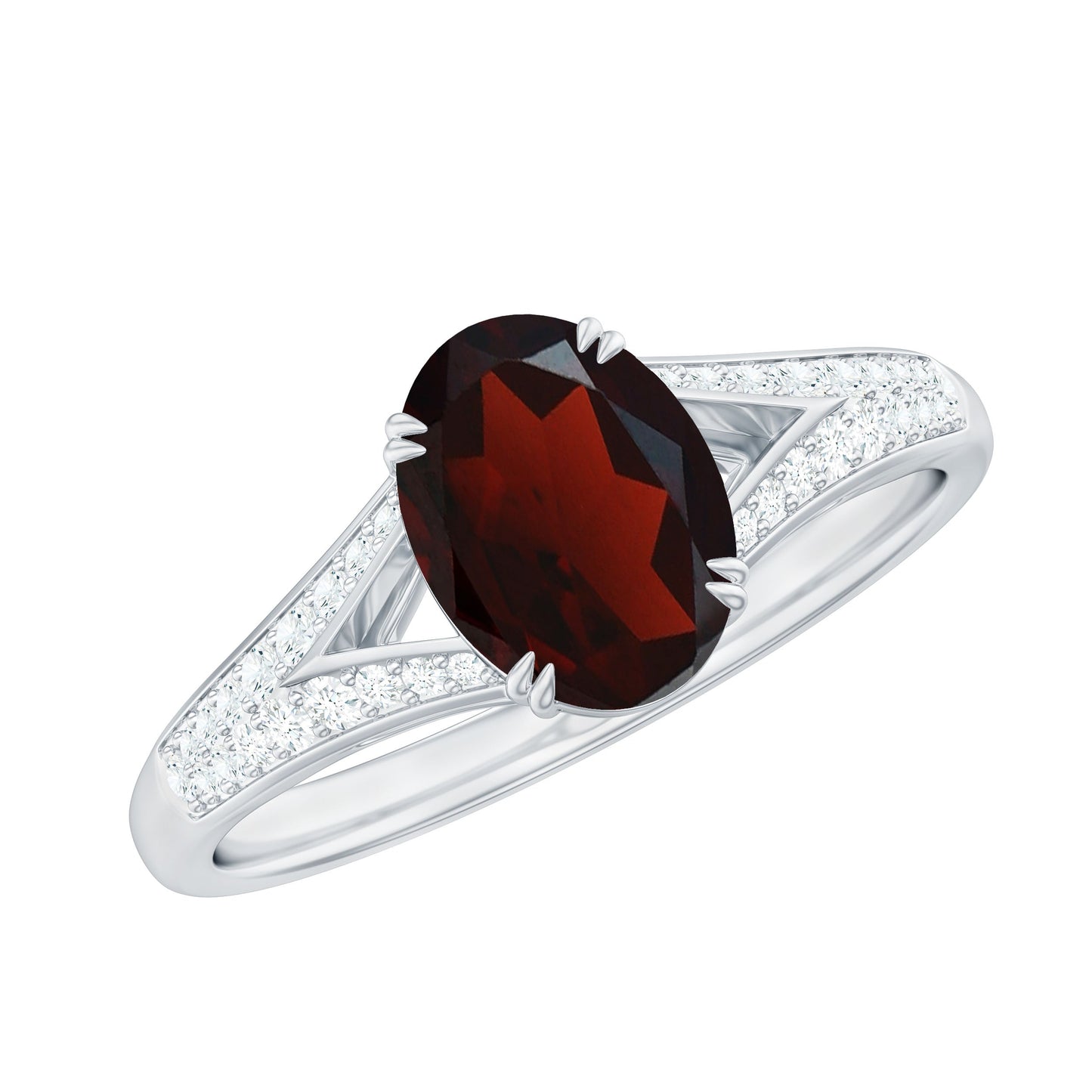 Natural 1.5 Carat Garnet Oval Engagement Ring with Diamond Split Shank