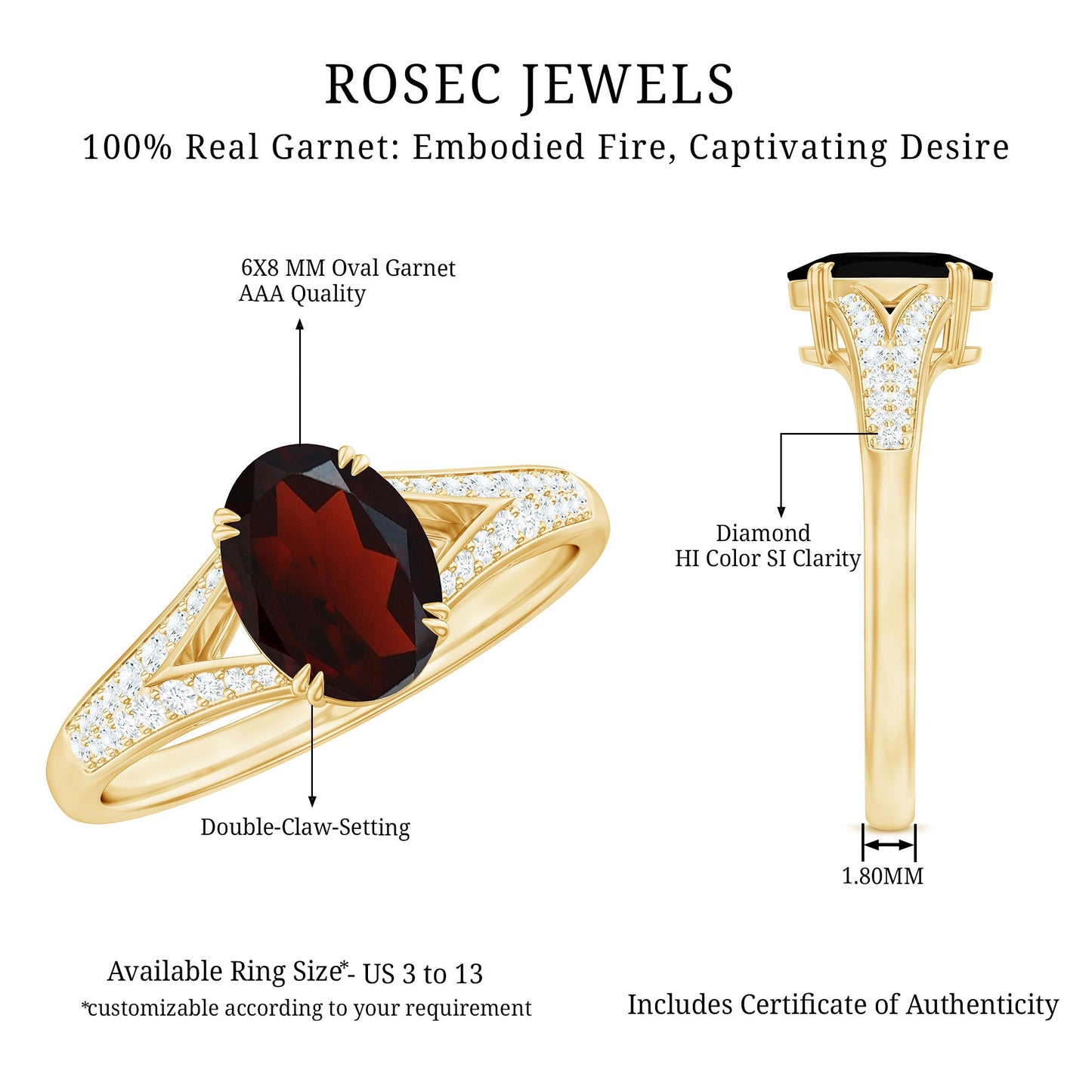 Natural 1.5 Carat Garnet Oval Engagement Ring with Diamond Split Shank