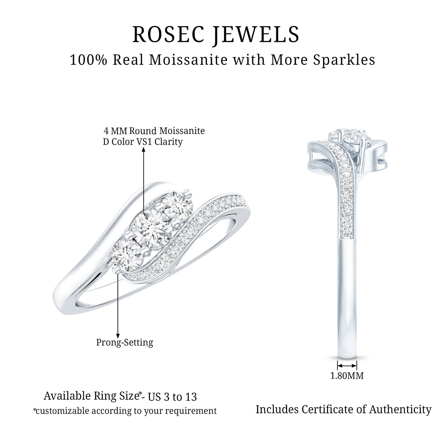 Certified Moissanite Three Stone Engagement Ring with Bypass Shank