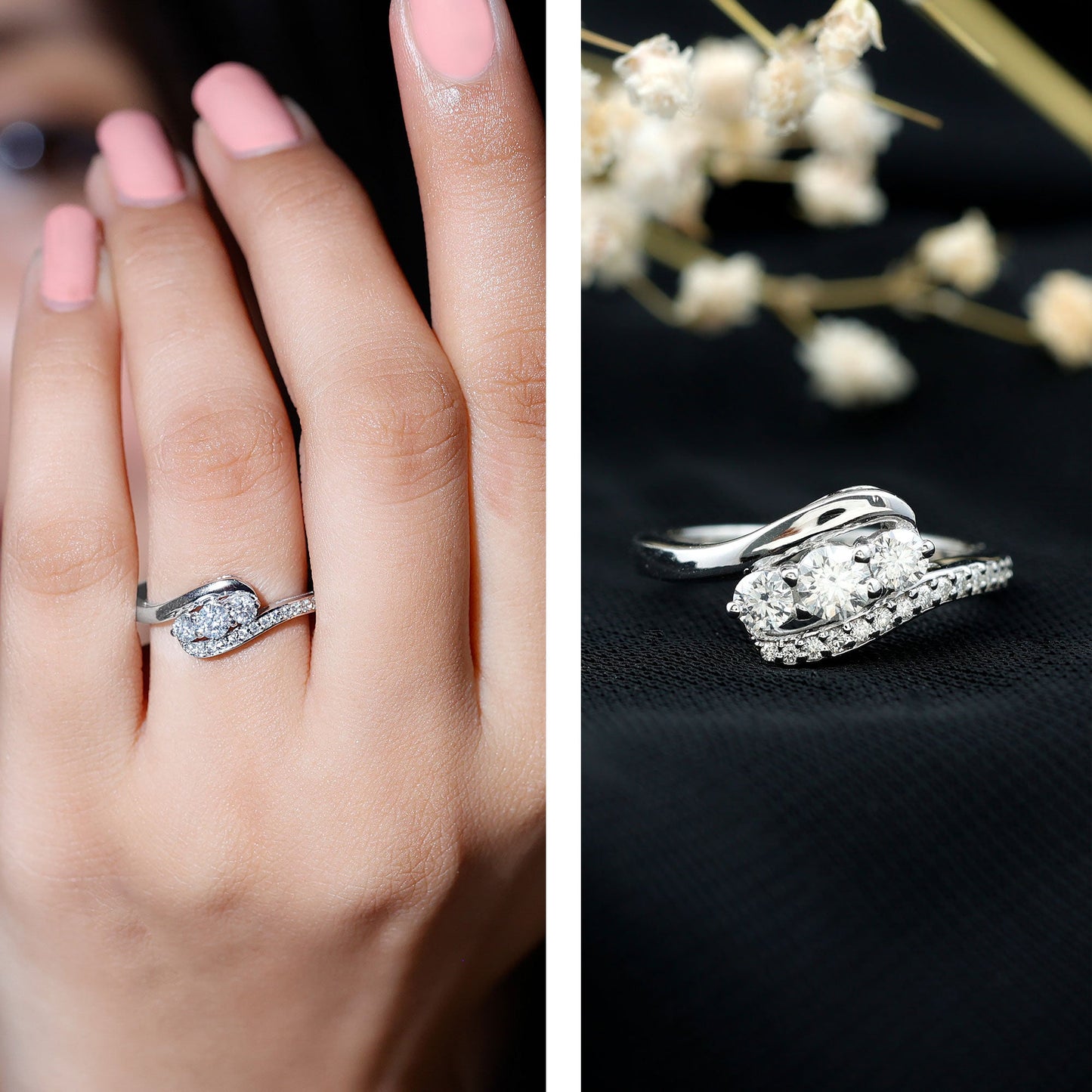 Certified Moissanite Three Stone Engagement Ring with Bypass Shank