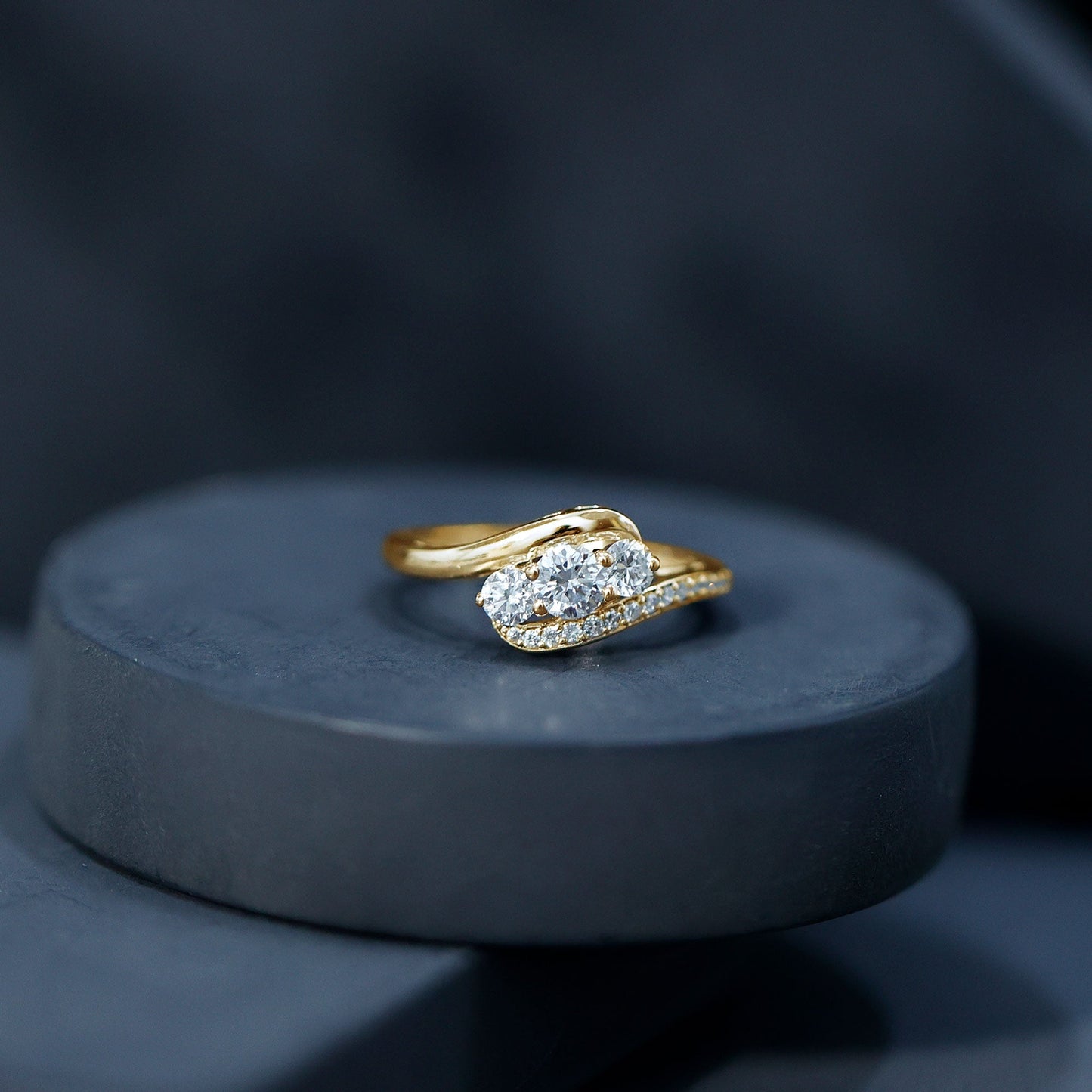Certified Moissanite Three Stone Engagement Ring with Bypass Shank