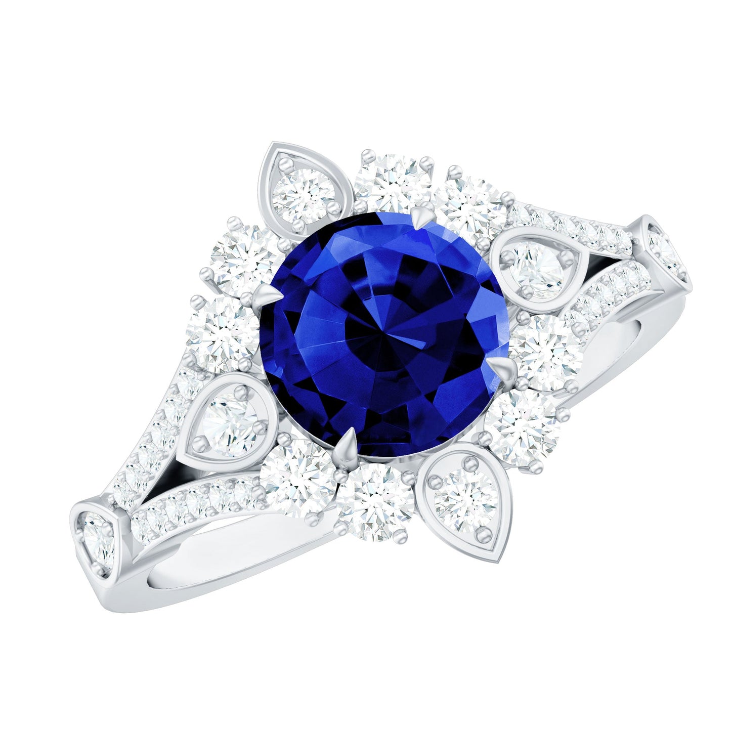 Certified 2.7 Carat Lab Grown Blue Sapphire Flower Engagement Ring with Diamond