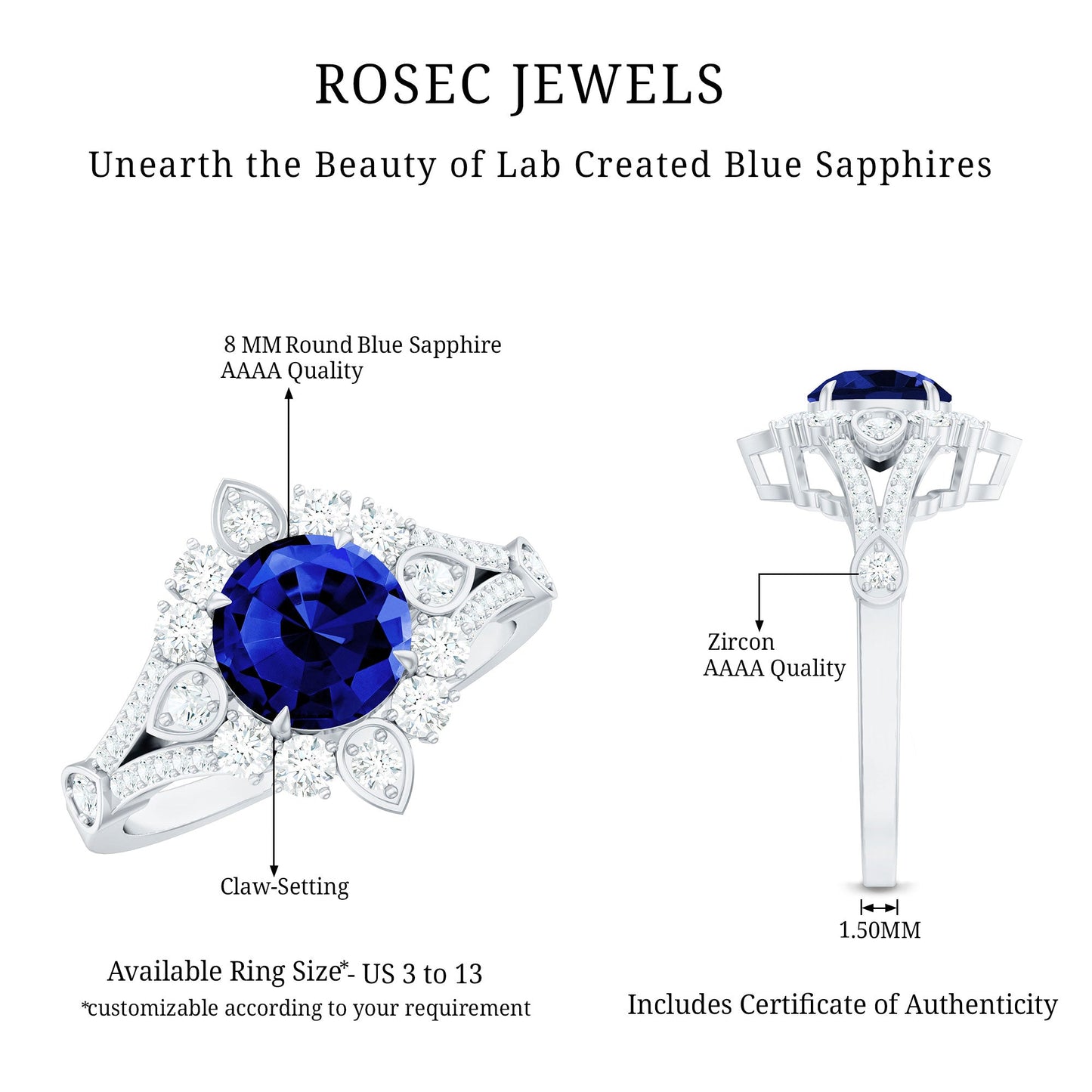 Certified 2.7 Carat Lab Grown Blue Sapphire Flower Engagement Ring with Diamond