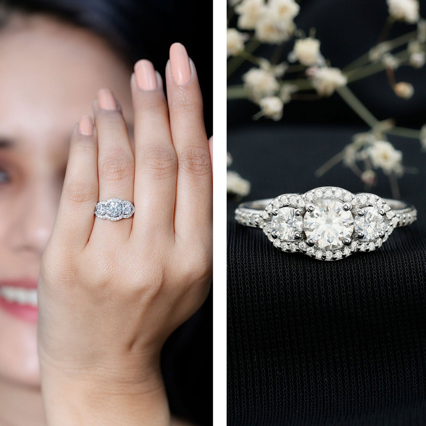 Certified Moissanite Three Stone Statement Engagement Ring