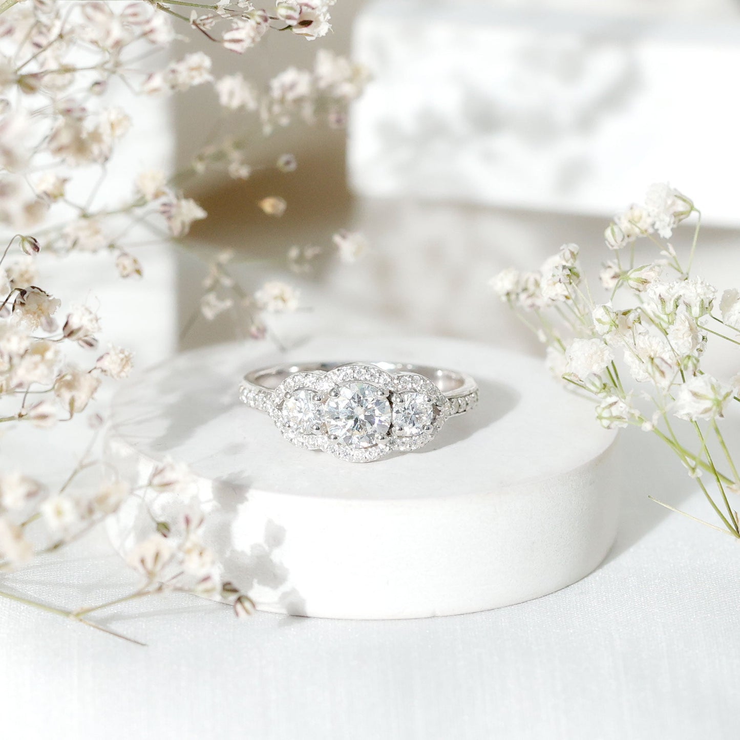 Certified Moissanite Three Stone Statement Engagement Ring
