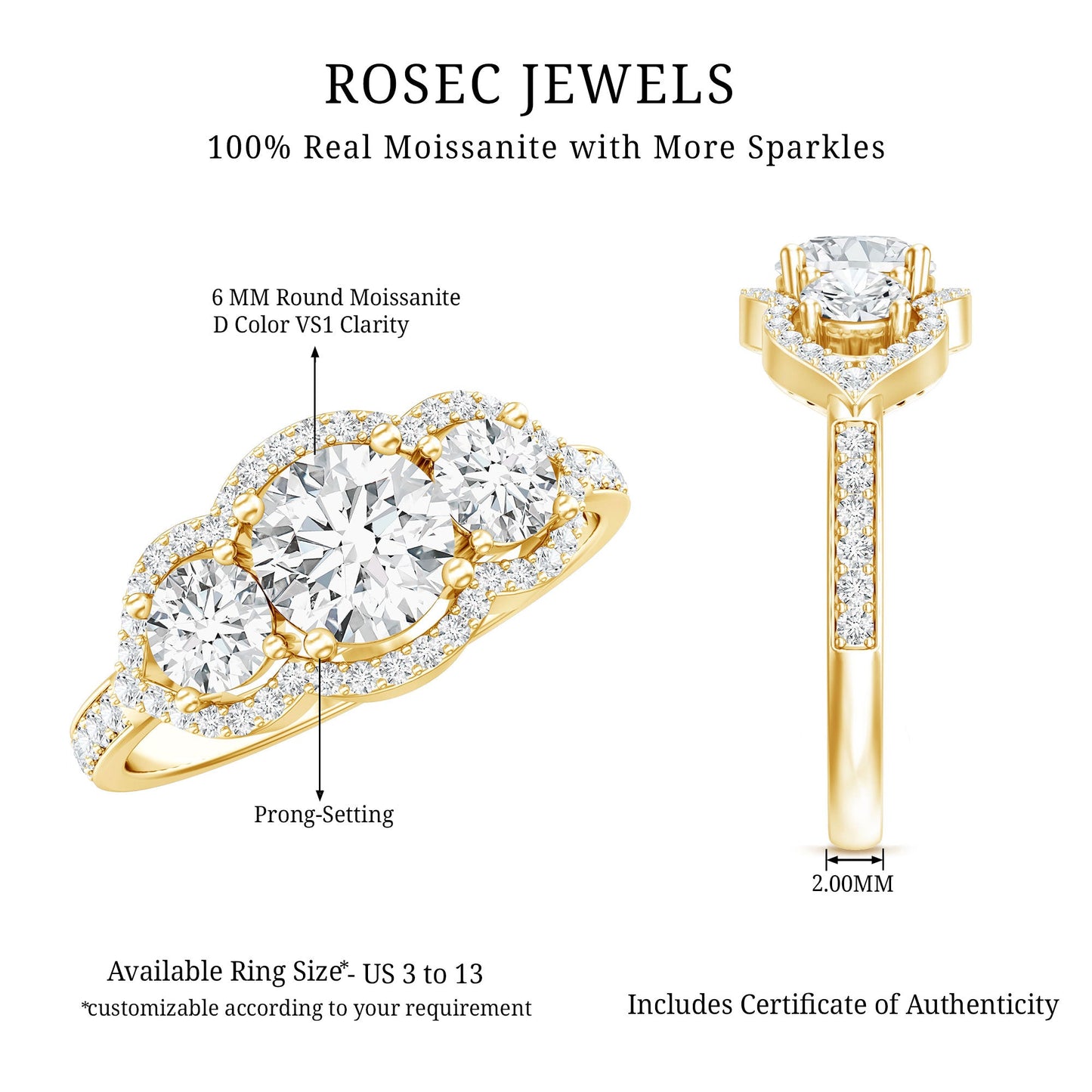 Certified Moissanite Three Stone Statement Engagement Ring