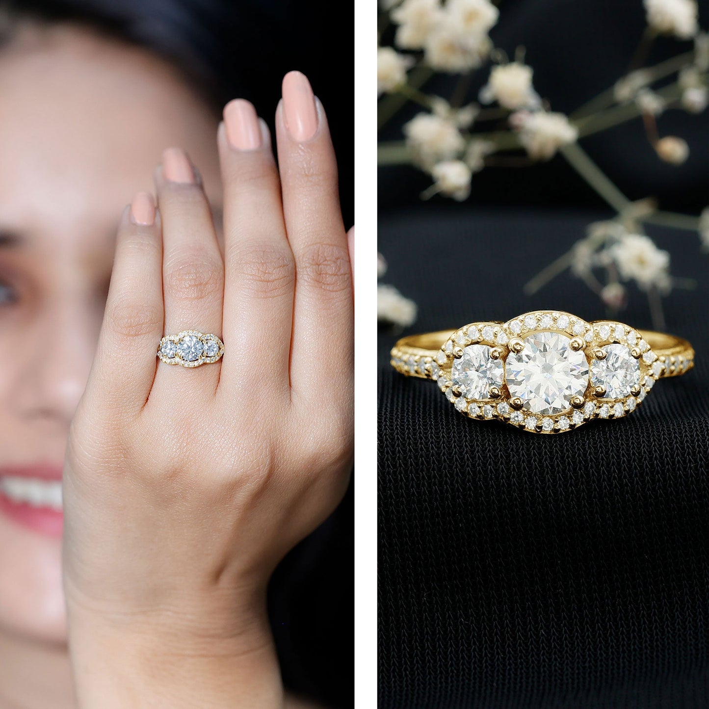Certified Moissanite Three Stone Statement Engagement Ring