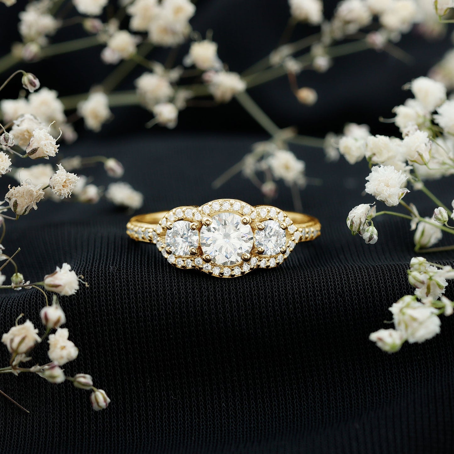 Certified Moissanite Three Stone Statement Engagement Ring