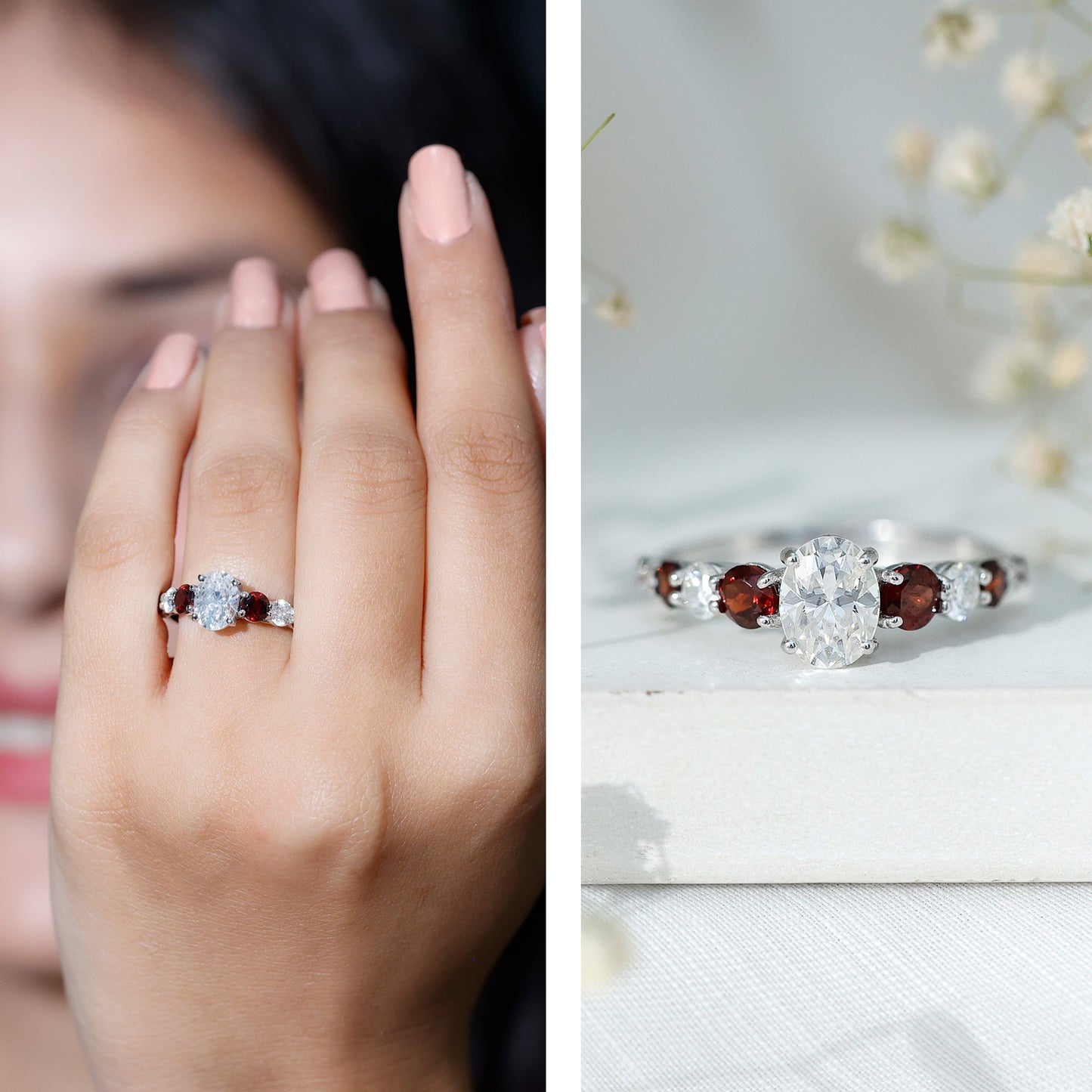 1.2 Carat Certified Moissanite Oval Engagement Ring with Garnet