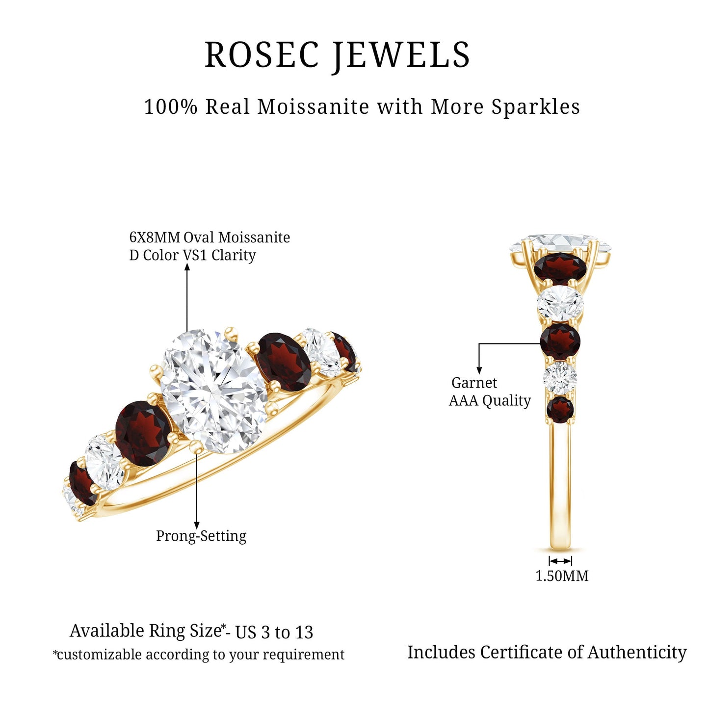 1.2 Carat Certified Moissanite Oval Engagement Ring with Garnet