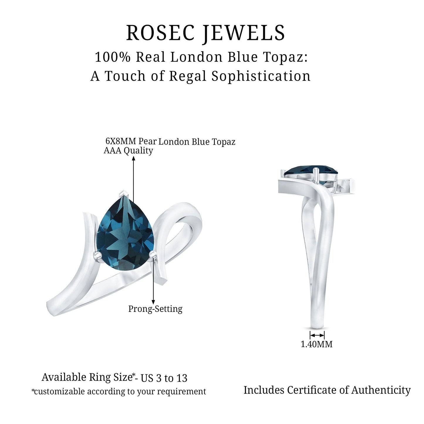 1 Carat Pear Shape London Blue Topaz Solitaire Ring with Bypass Shank