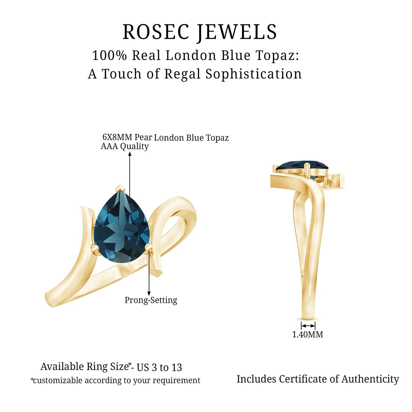 1 Carat Pear Shape London Blue Topaz Solitaire Ring with Bypass Shank