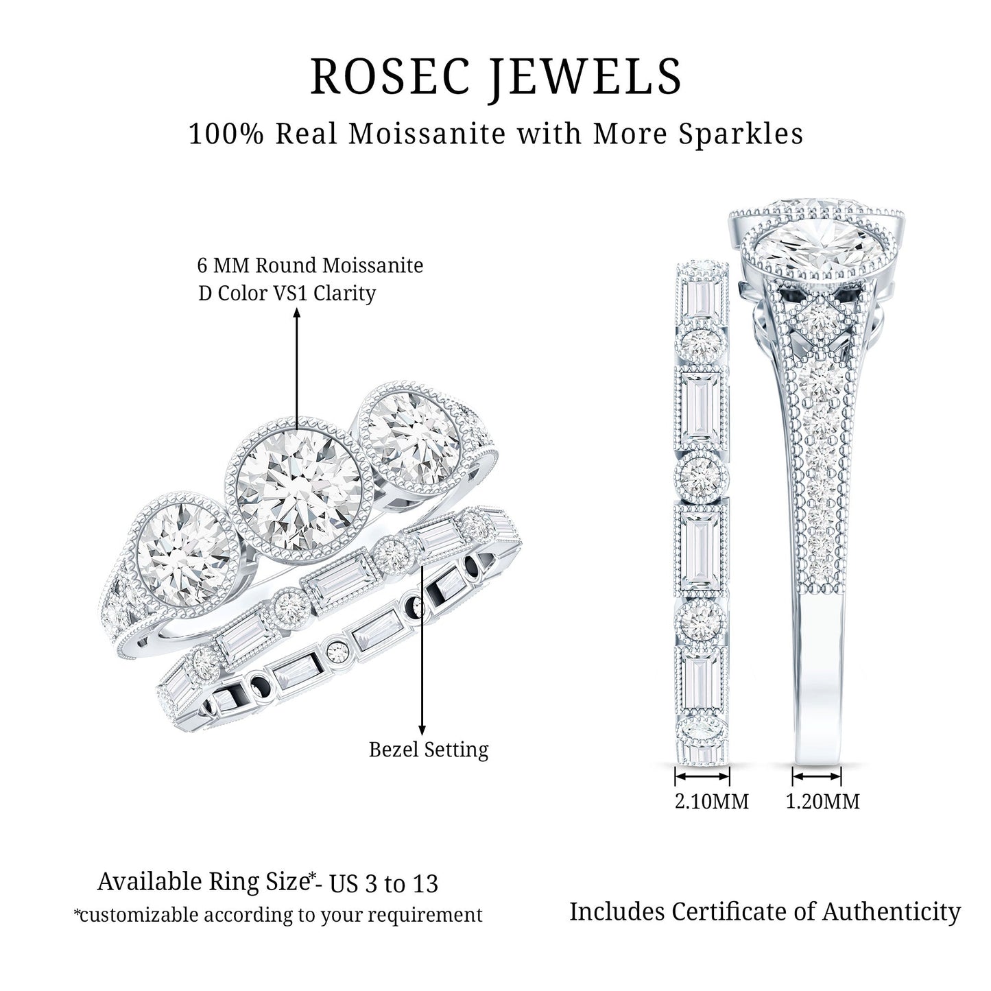 Vintage Inspired Moissanite 3 Stone Wedding Ring Set
