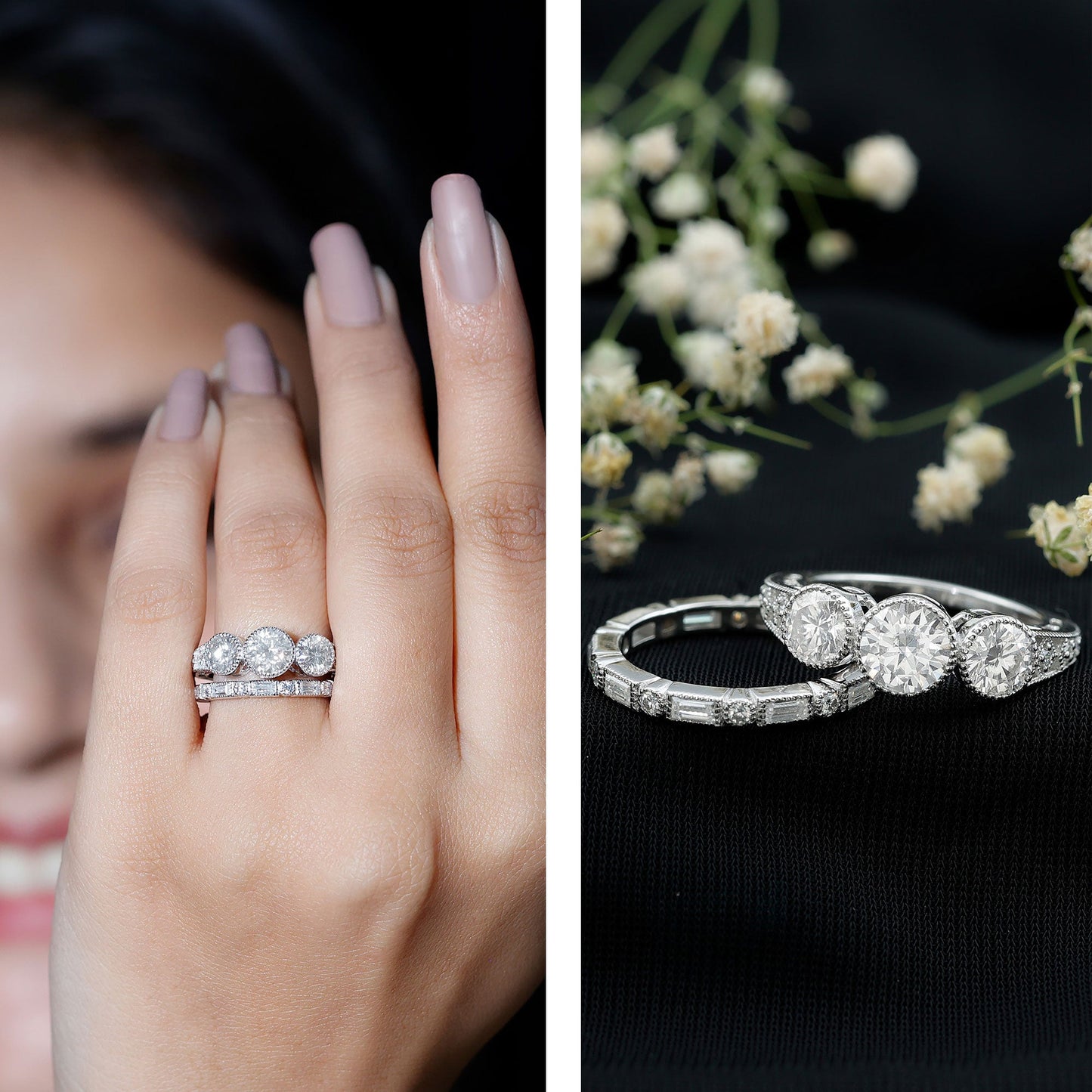 Vintage Inspired Moissanite 3 Stone Wedding Ring Set