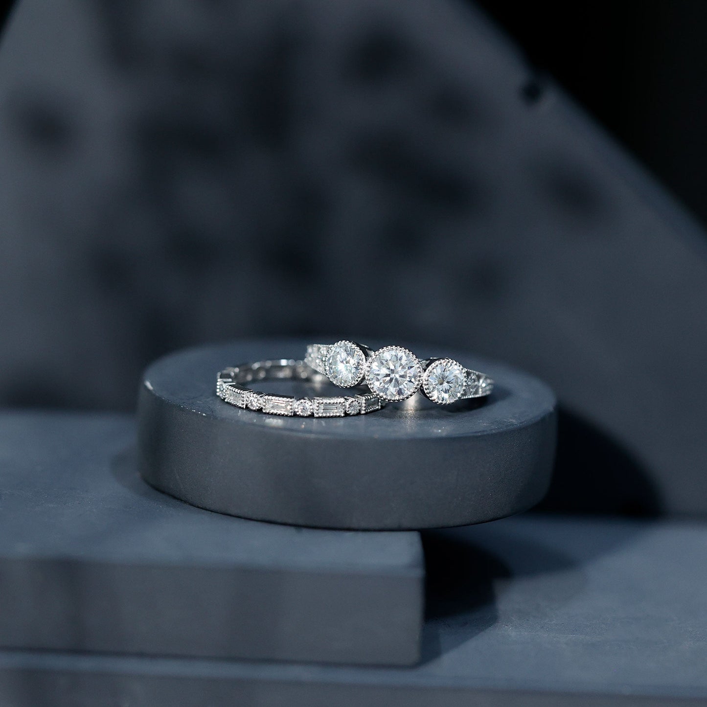 Vintage Inspired Moissanite 3 Stone Wedding Ring Set