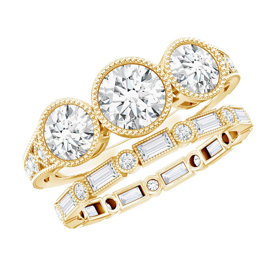 Vintage Inspired Moissanite 3 Stone Wedding Ring Set