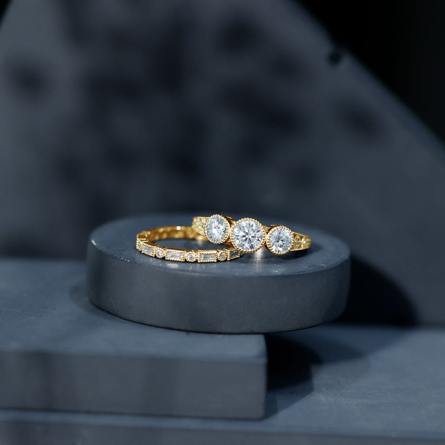 Vintage Inspired Moissanite 3 Stone Wedding Ring Set