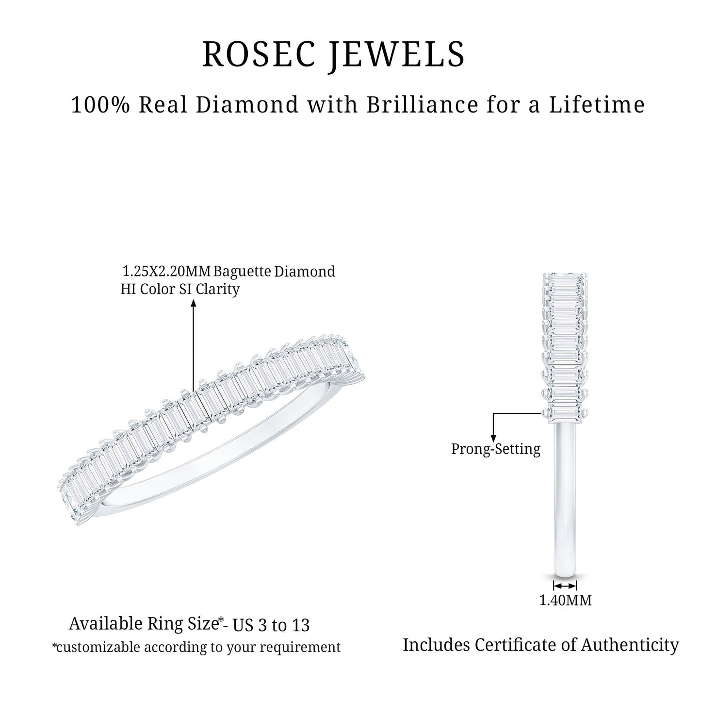 Natural Baguette Diamond Half Eternity Ring for Anniversary