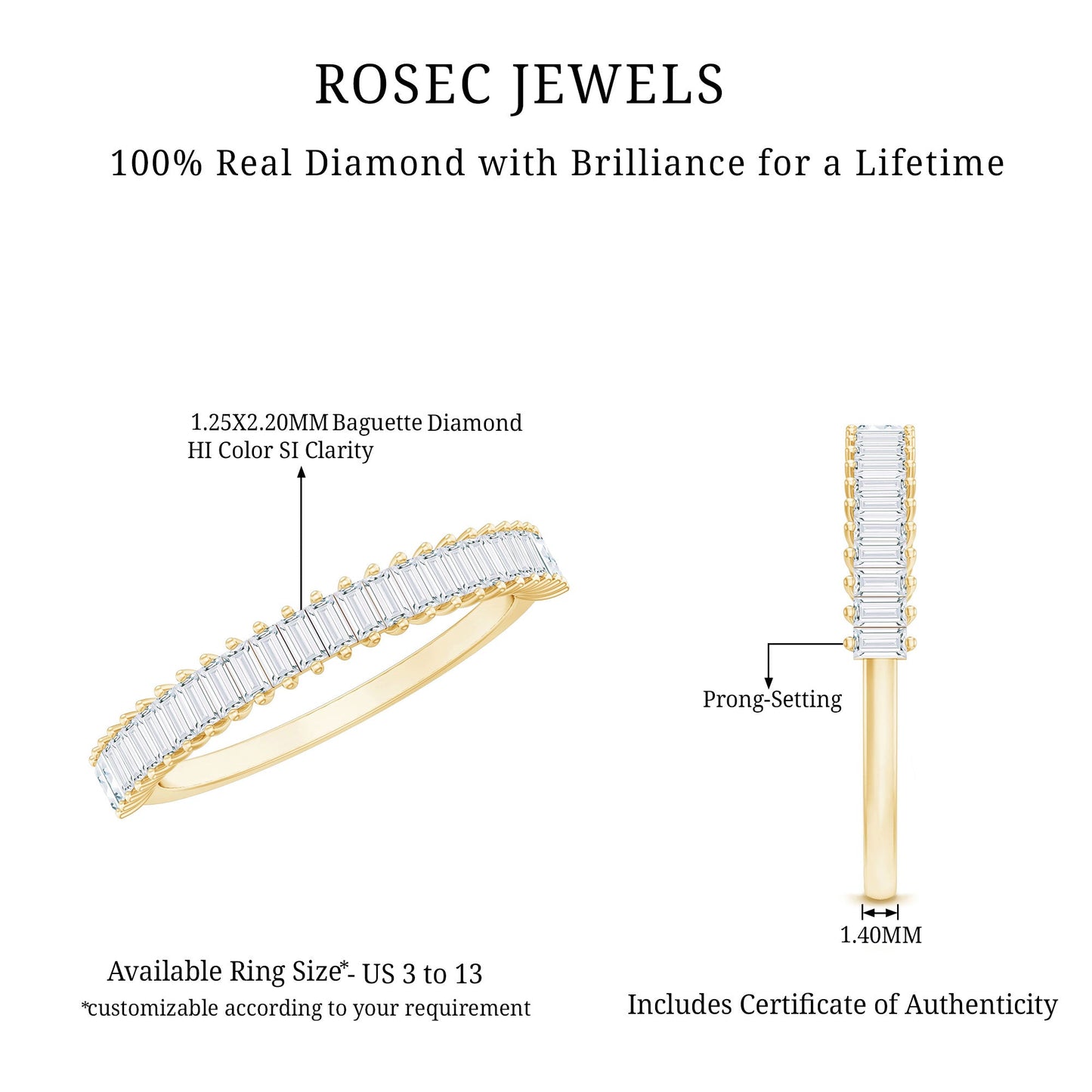 Natural Baguette Diamond Half Eternity Ring for Anniversary