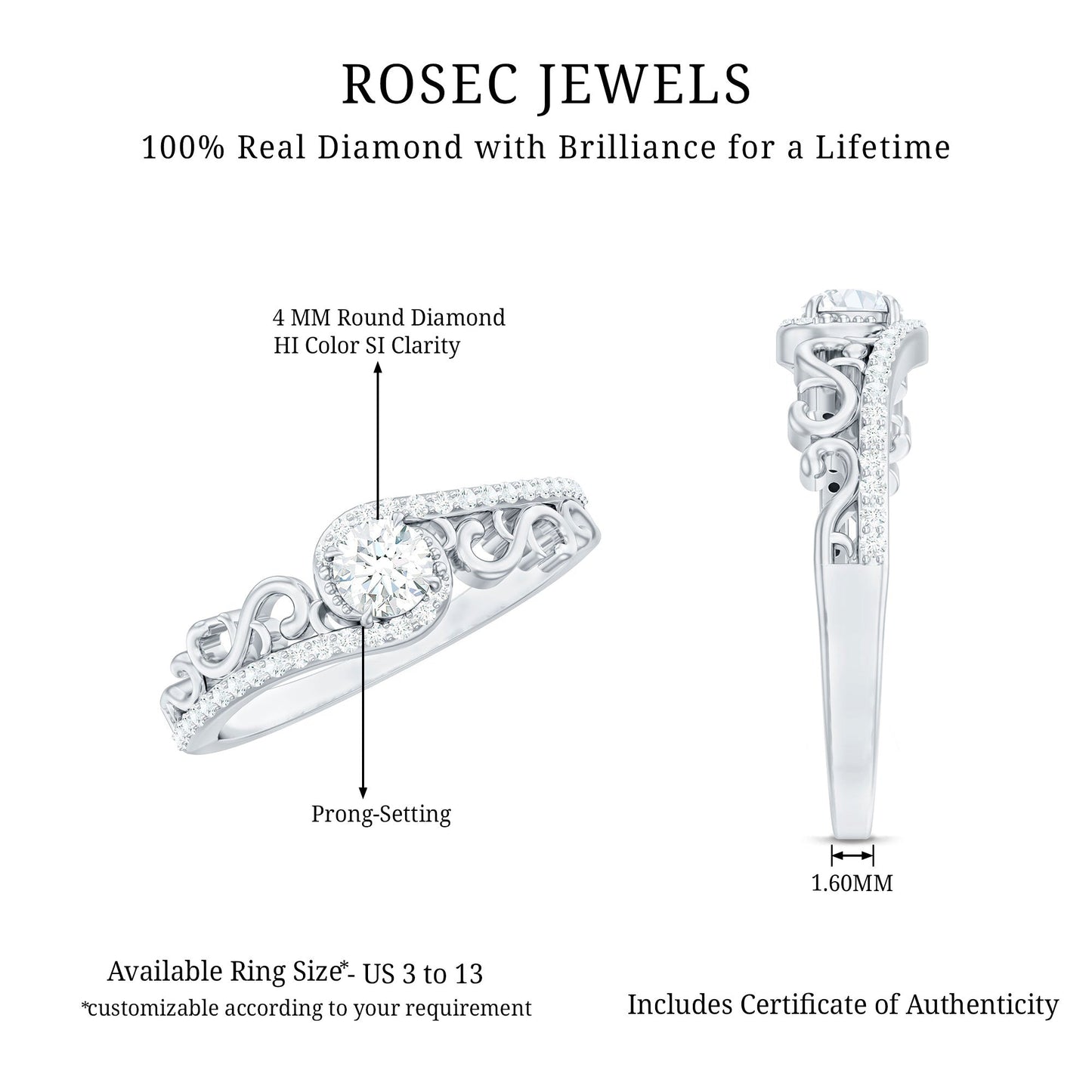Vintage Style Diamond Engagement Ring with Bypass Shank