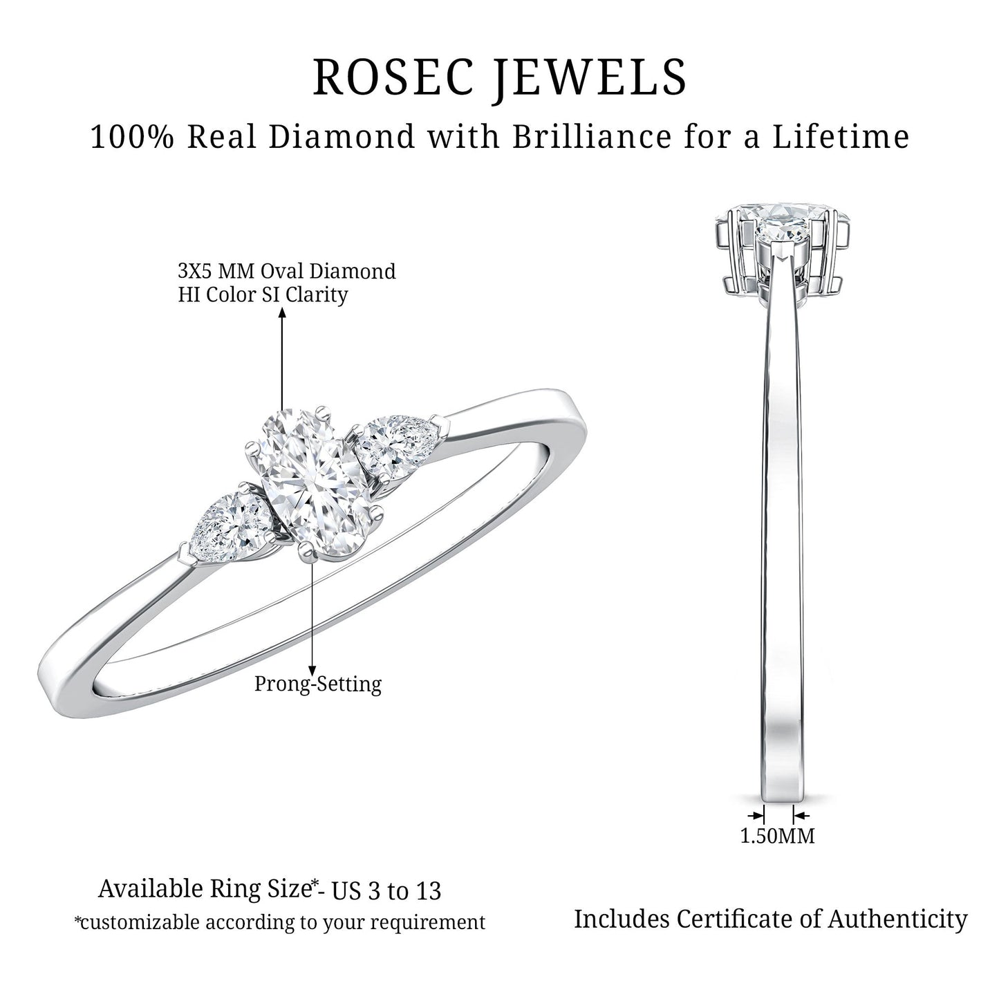 Real Diamond 3 Stone Promise Ring for Valentines