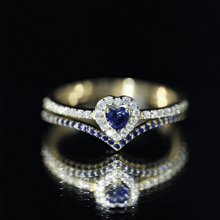 Certified Lab Grown Blue Sapphire Heart Engagement Ring Set with Real Diamond