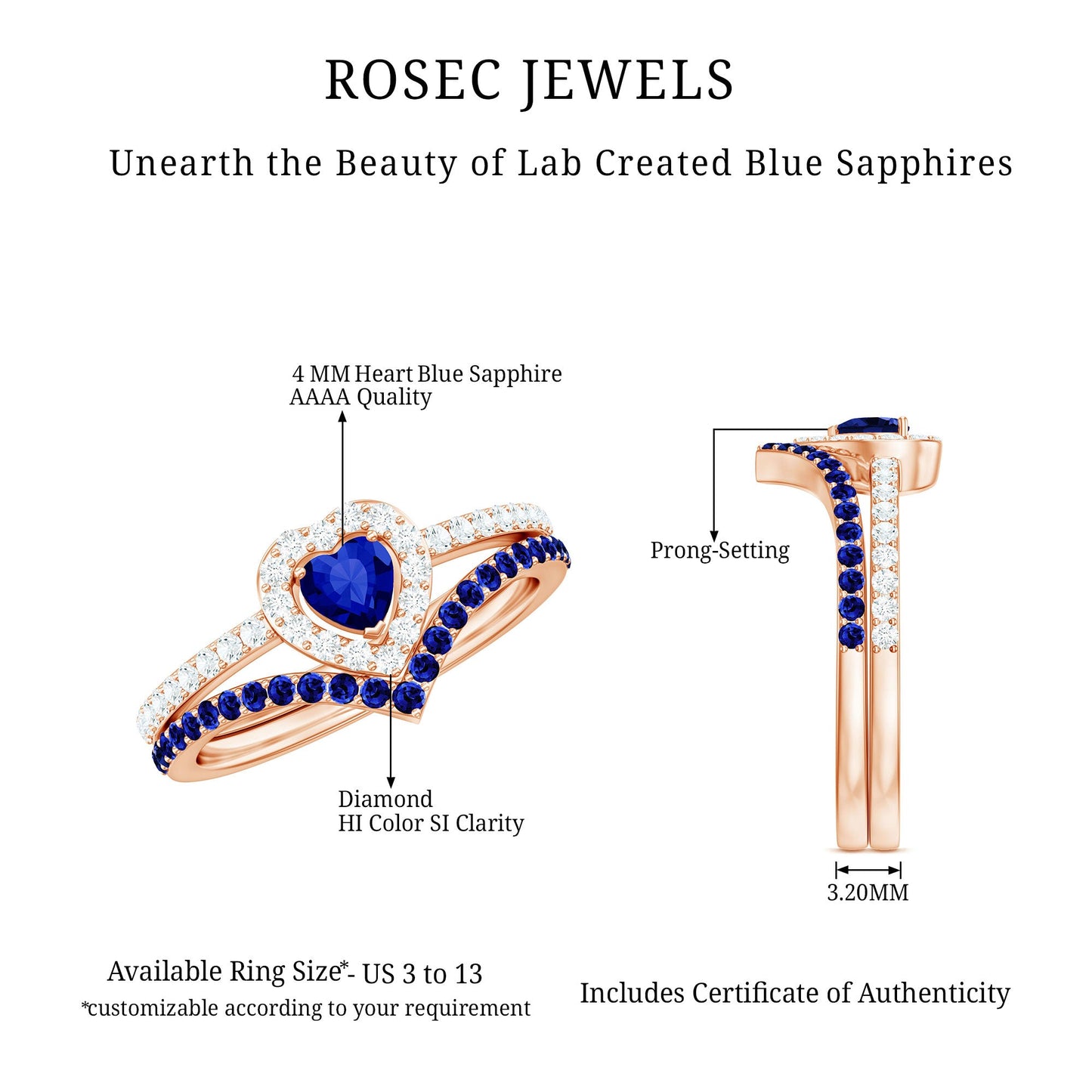 Certified Lab Grown Blue Sapphire Heart Engagement Ring Set with Real Diamond