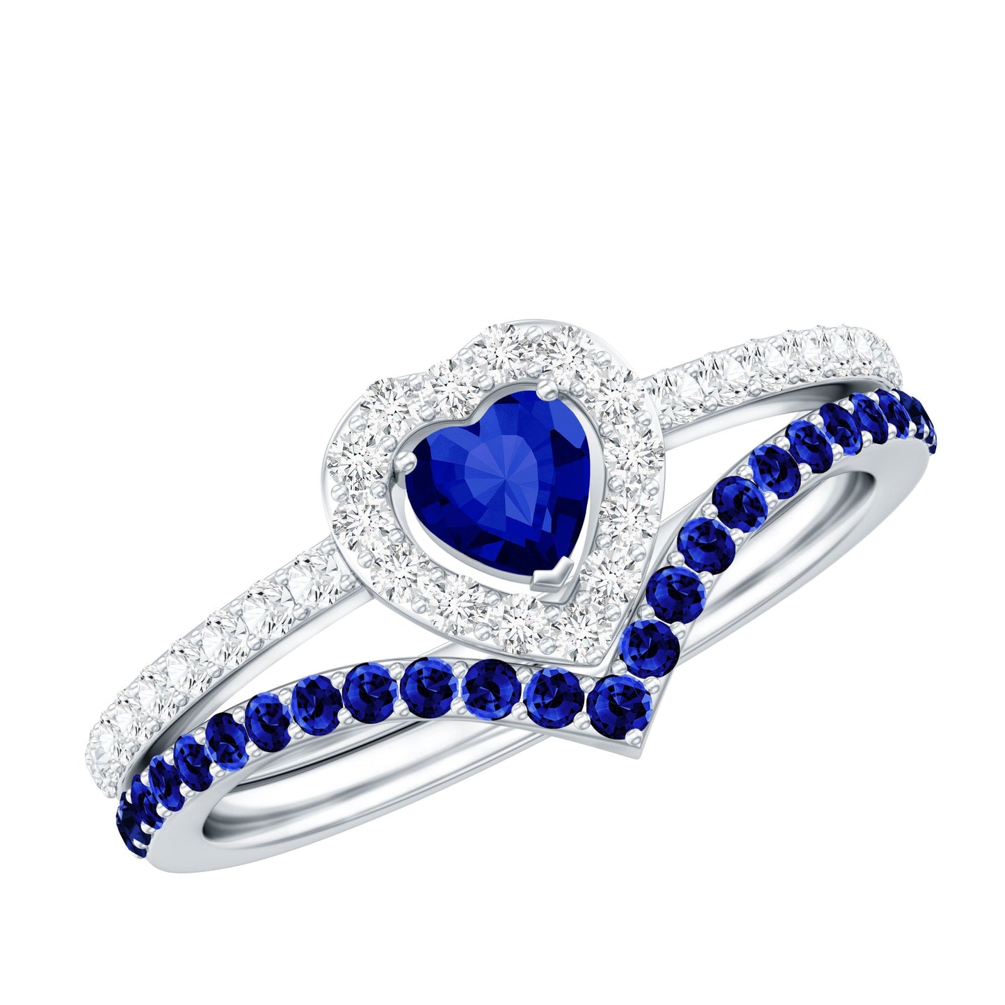 Certified Lab Grown Blue Sapphire Heart Engagement Ring Set with Real Diamond