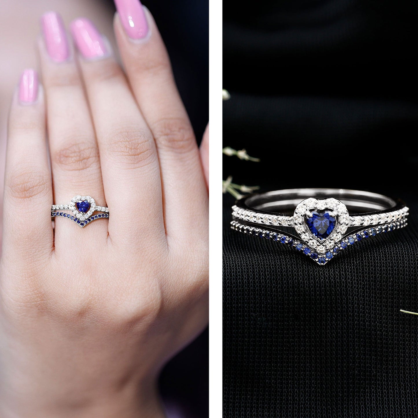Certified Lab Grown Blue Sapphire Heart Engagement Ring Set with Real Diamond
